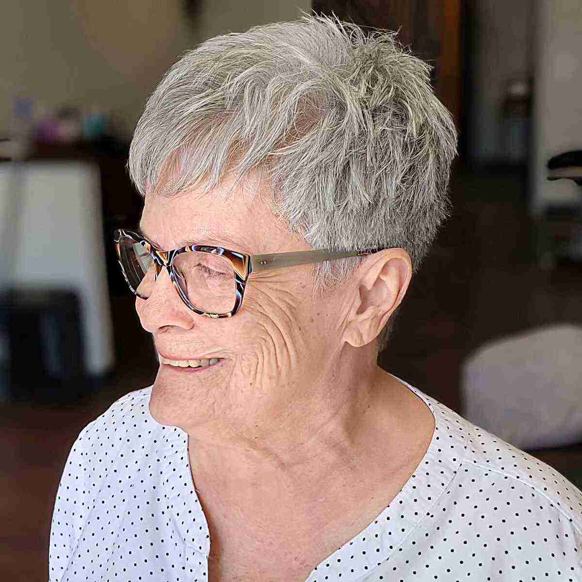 Messy Choppy Pixie with Short Layers and Bangs for Seniors Over 60 with Glasses