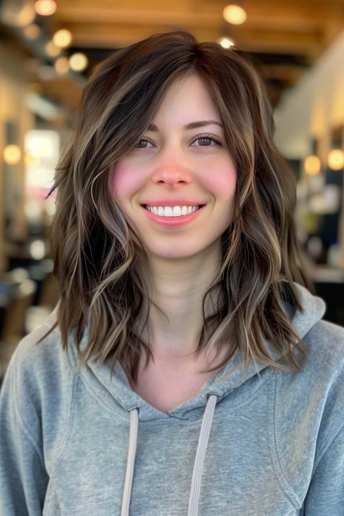 Medium-length messy choppy shag hairstyle with textured waves and balayage highlights