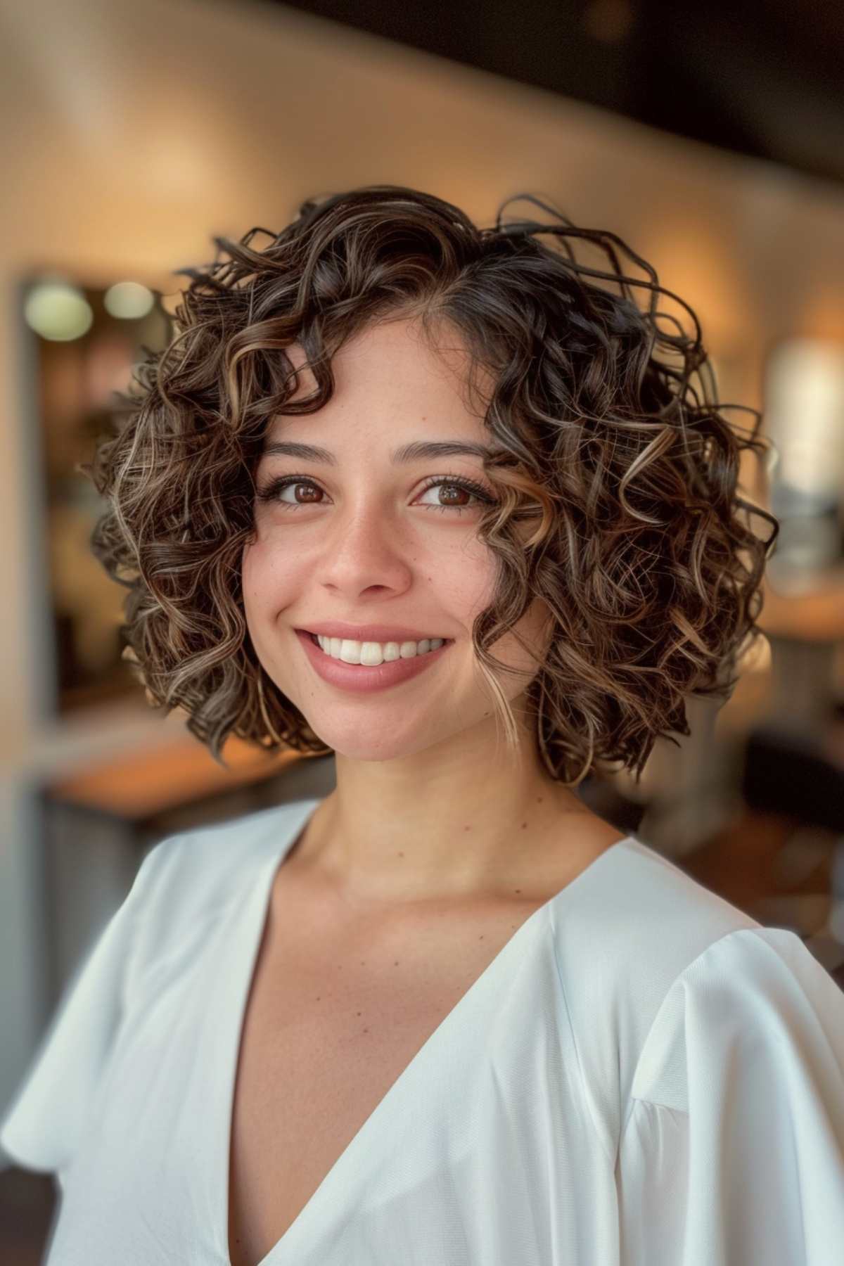 Messy curly bob enhanced with subtle highlights and side part