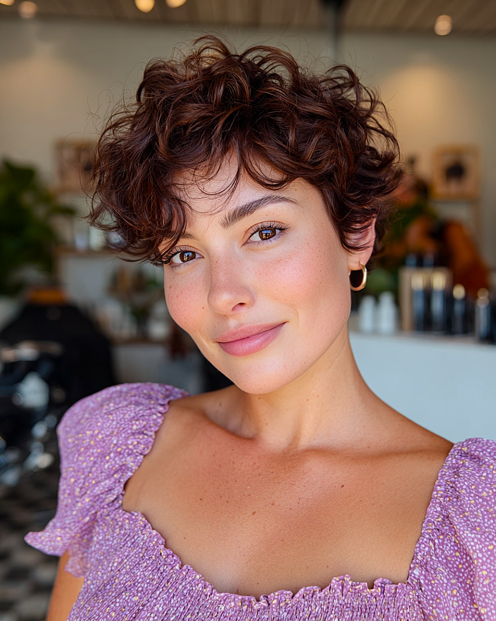 Messy curly pixie with crown volume and tousled curls