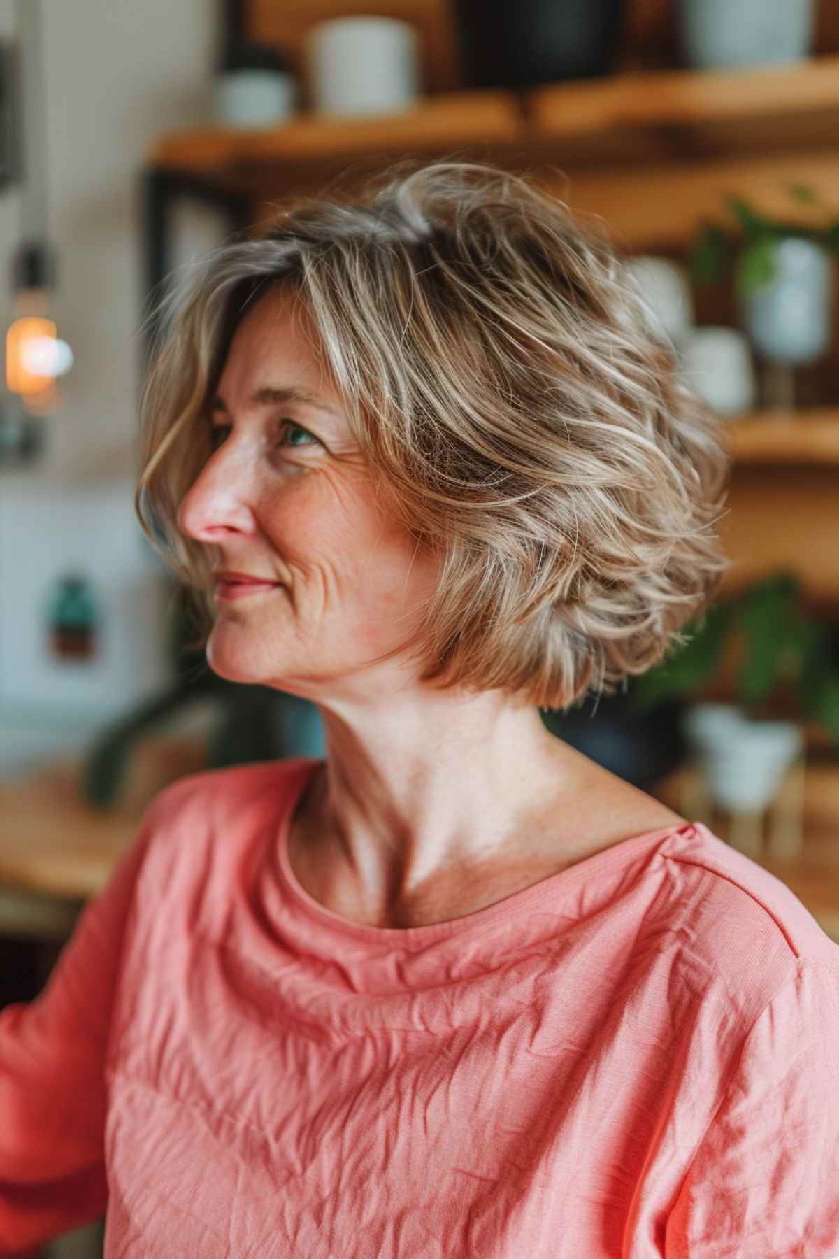 A woman with a messy inverted teacup bob with messy layers.