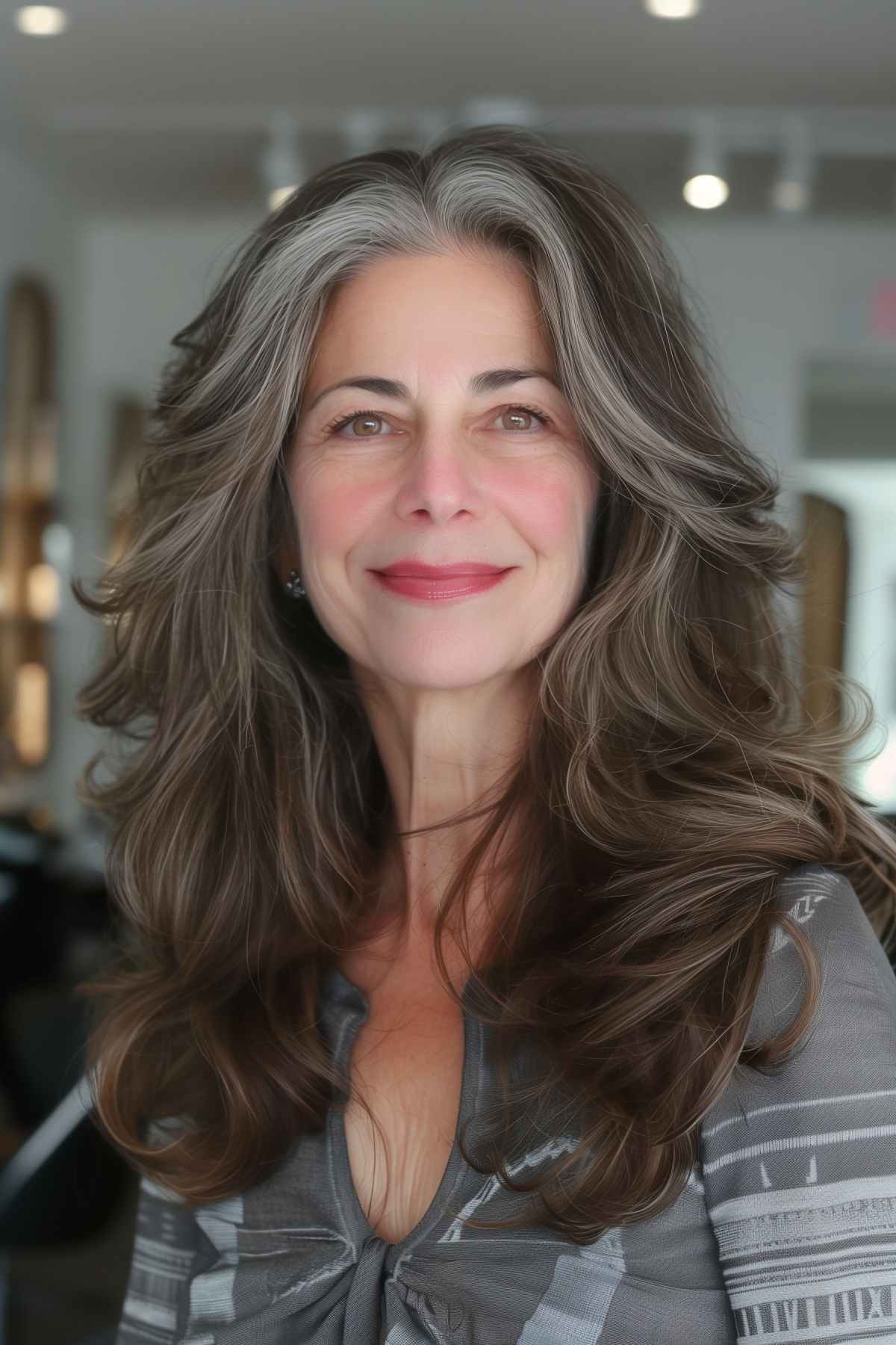 Woman with a messy layered cut for long hair, featuring choppy layers and natural waves