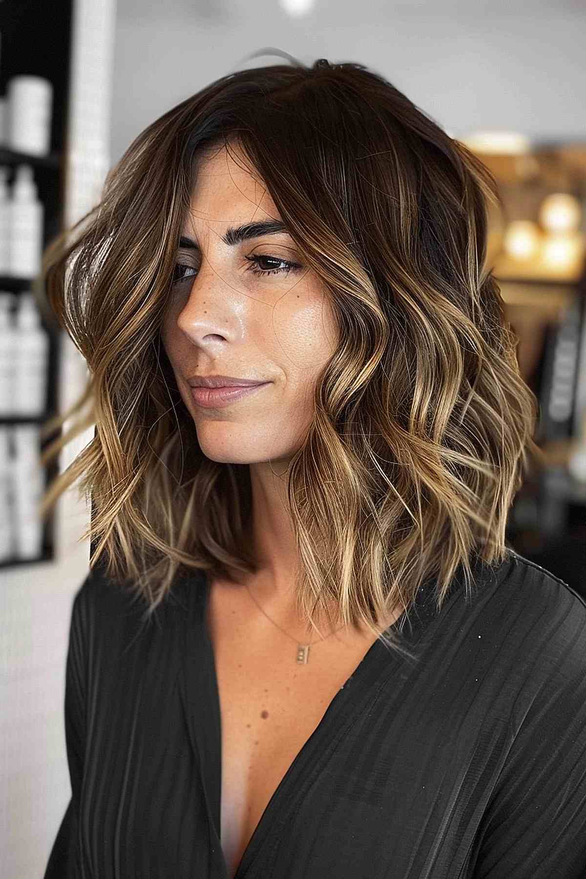 Messy long bob featuring a long inverted bob hairstyle with tousled waves