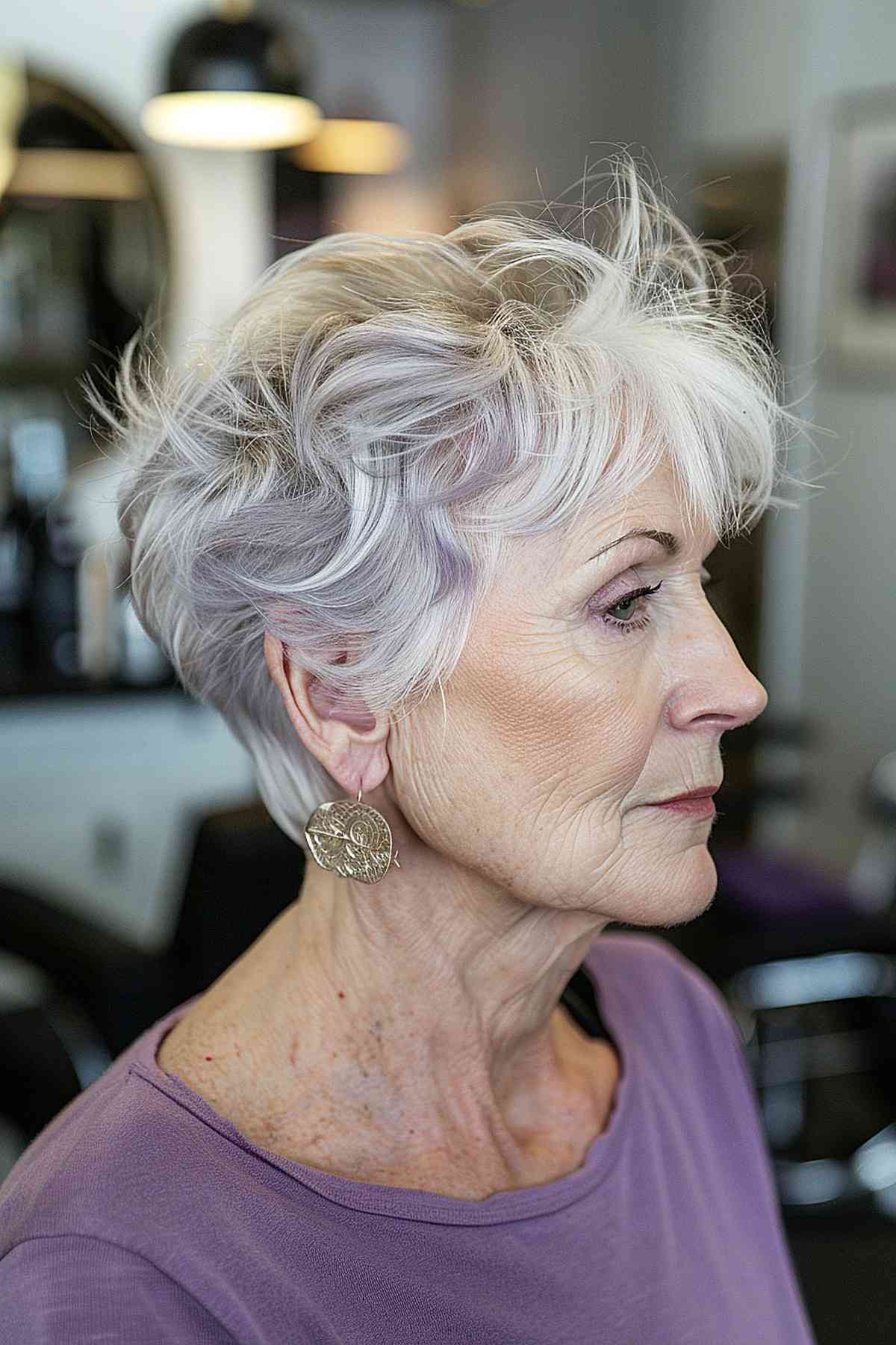 Long messy pixie cut with textured layers for mature women over 70