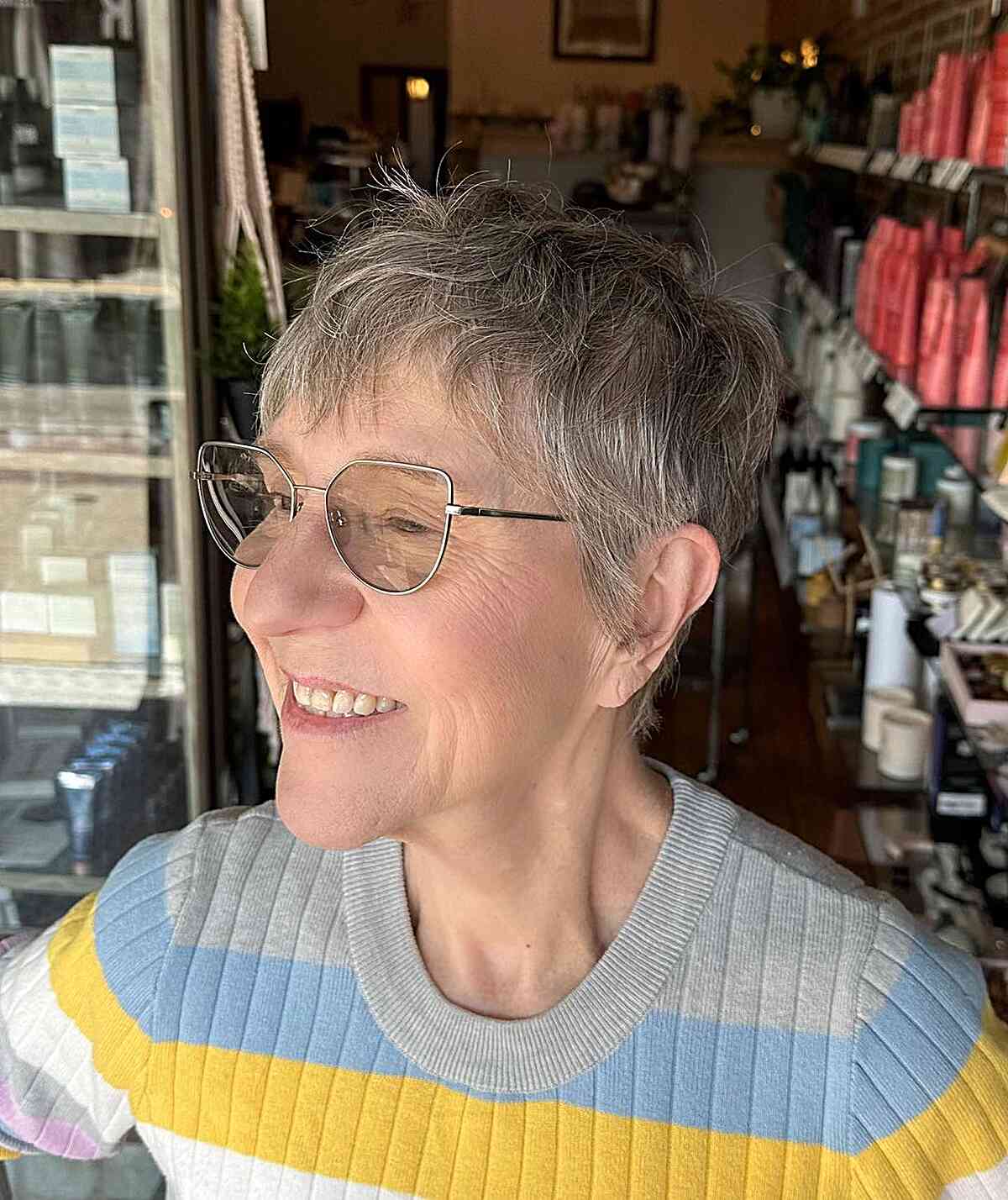 Messy Grey Pixie Cut and Choppy Fringe for Older Women Aged 60 with Glasses
