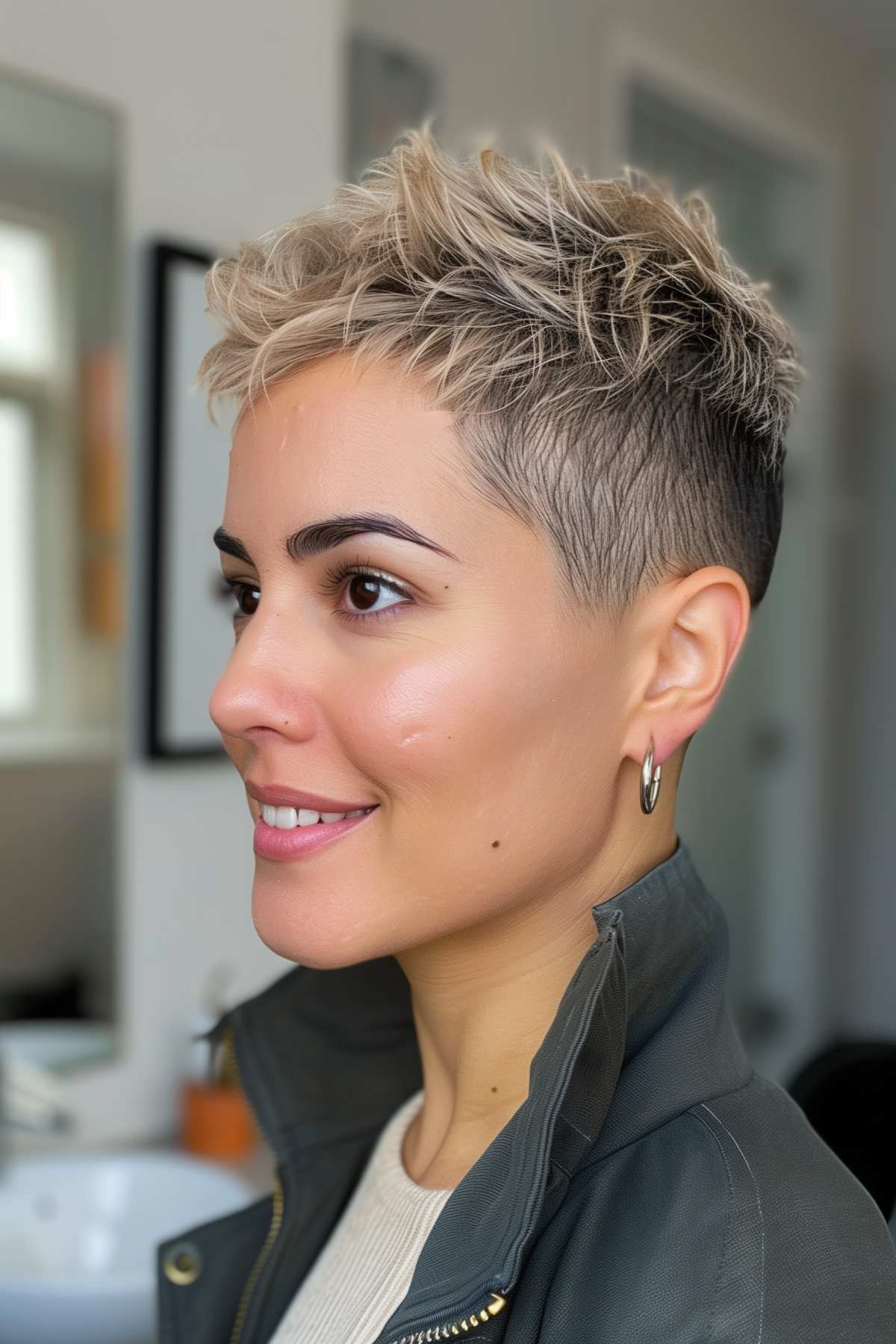 Messy pixie cut hairstyle, ideal for an easy workout look