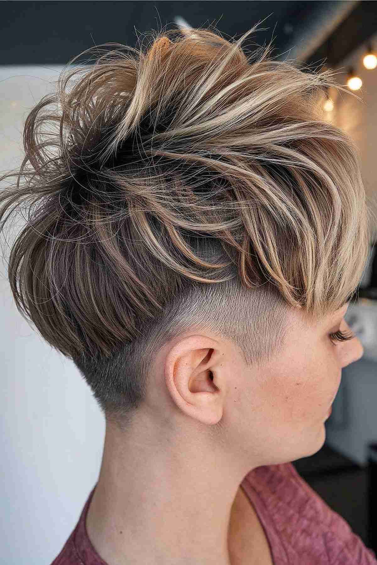 Messy pixie undercut with long bangs for an edgy yet soft textured look