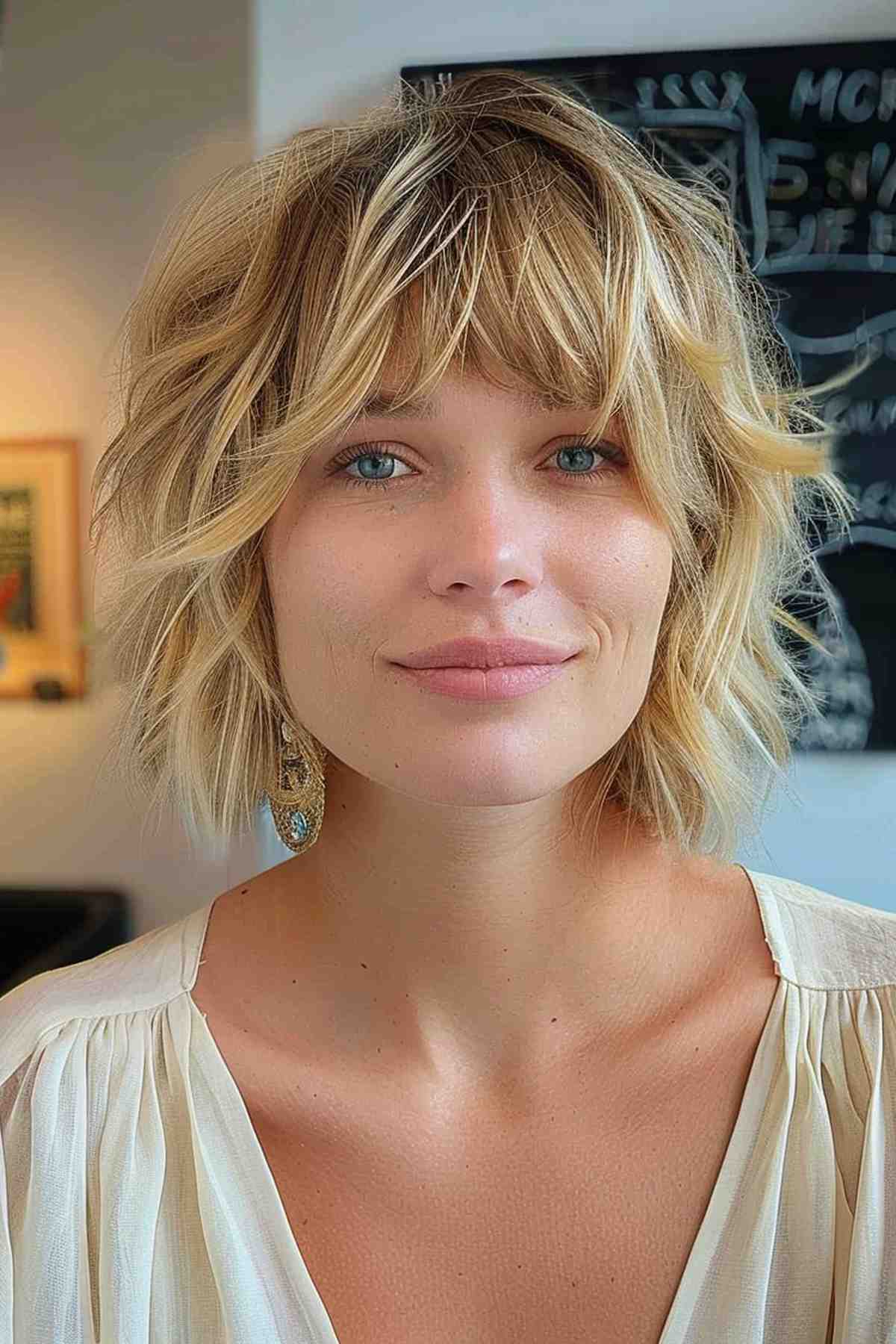 Chin-length messy shaggy bob with curtain bangs and choppy layers