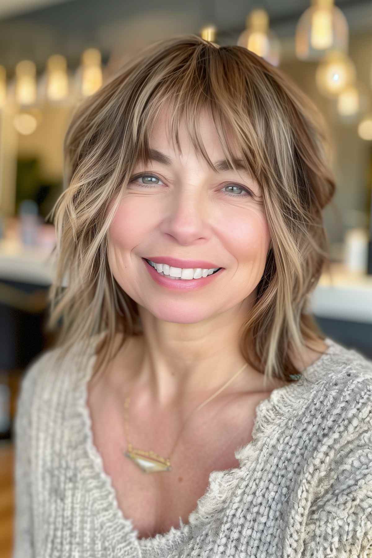 Messy shaggy bob with thin bangs for fine hair