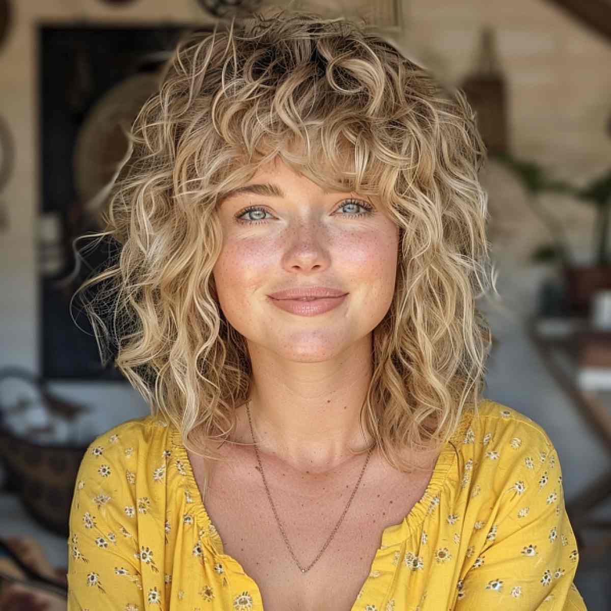 messy shaggy layered curly hair with bangs