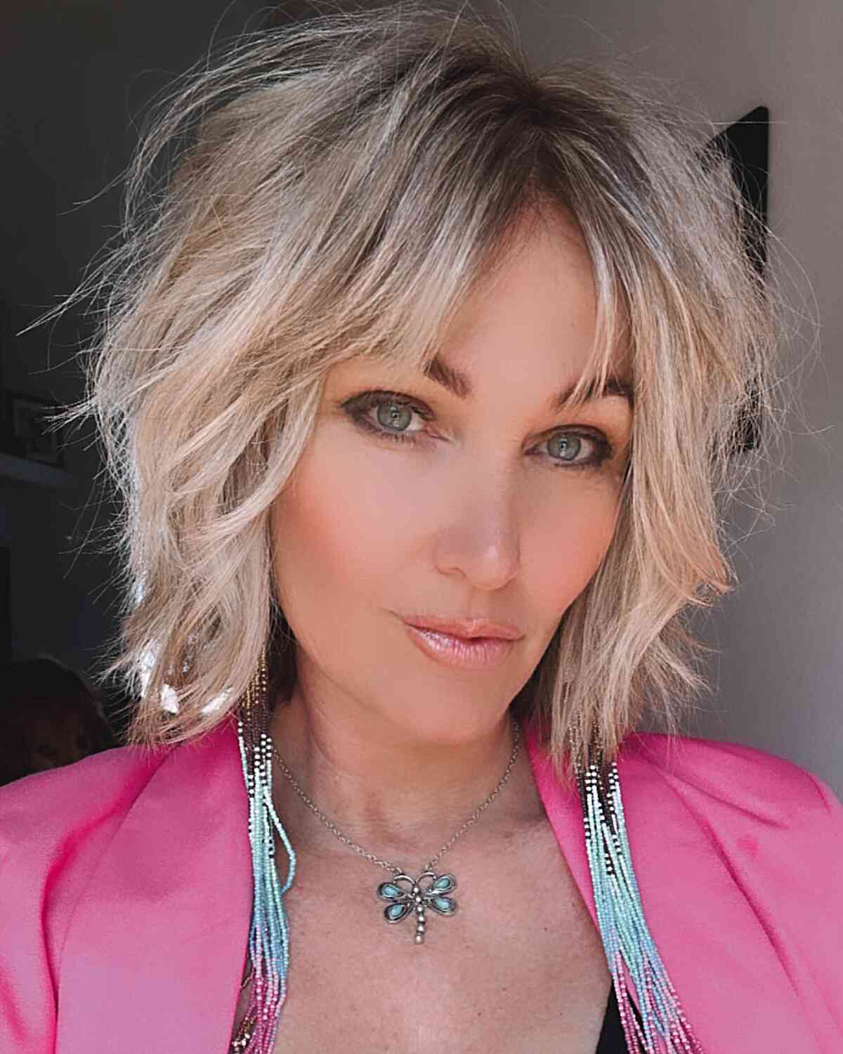 Messy Short Shaggy Hair with No Bangs for ladies with blonde balayage hair