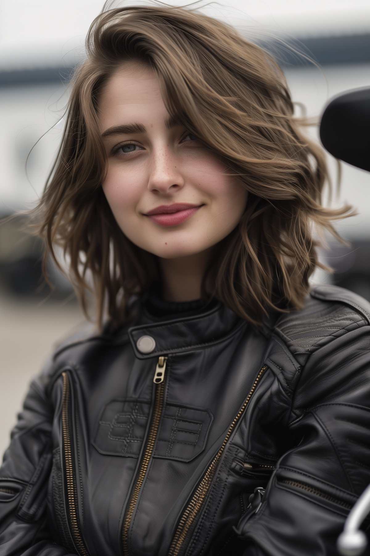 Woman with messy shoulder-length waves in biker jacket