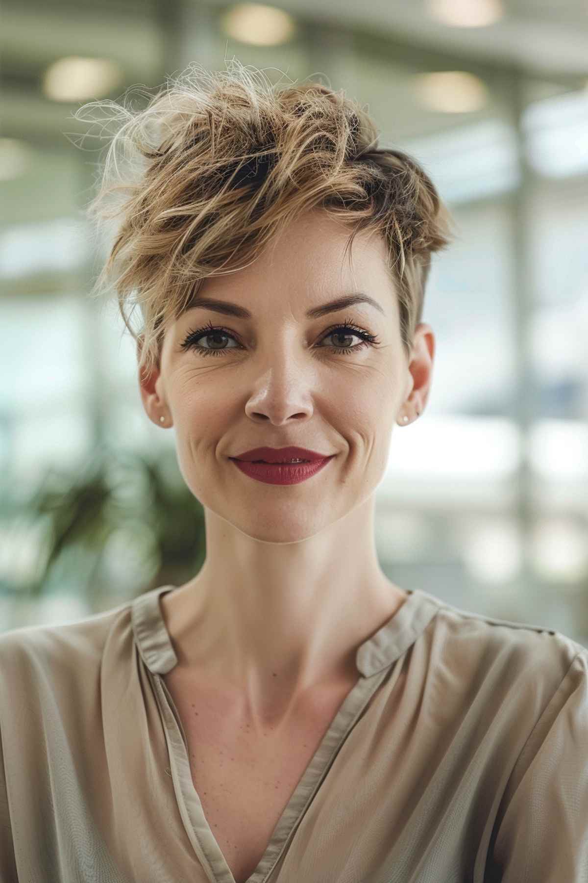 Woman with messy textured pixie cut hairstyle at an airport