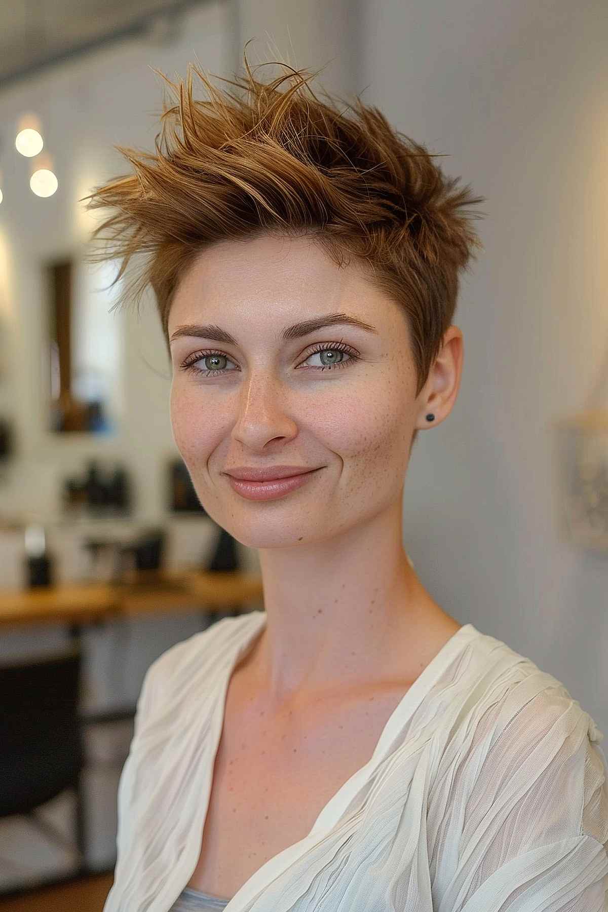 Messy textured long pixie cut with short sides and tousled layers on top