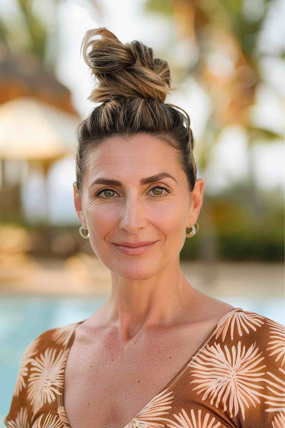 Woman with a messy top knot, wearing a patterned top by the pool