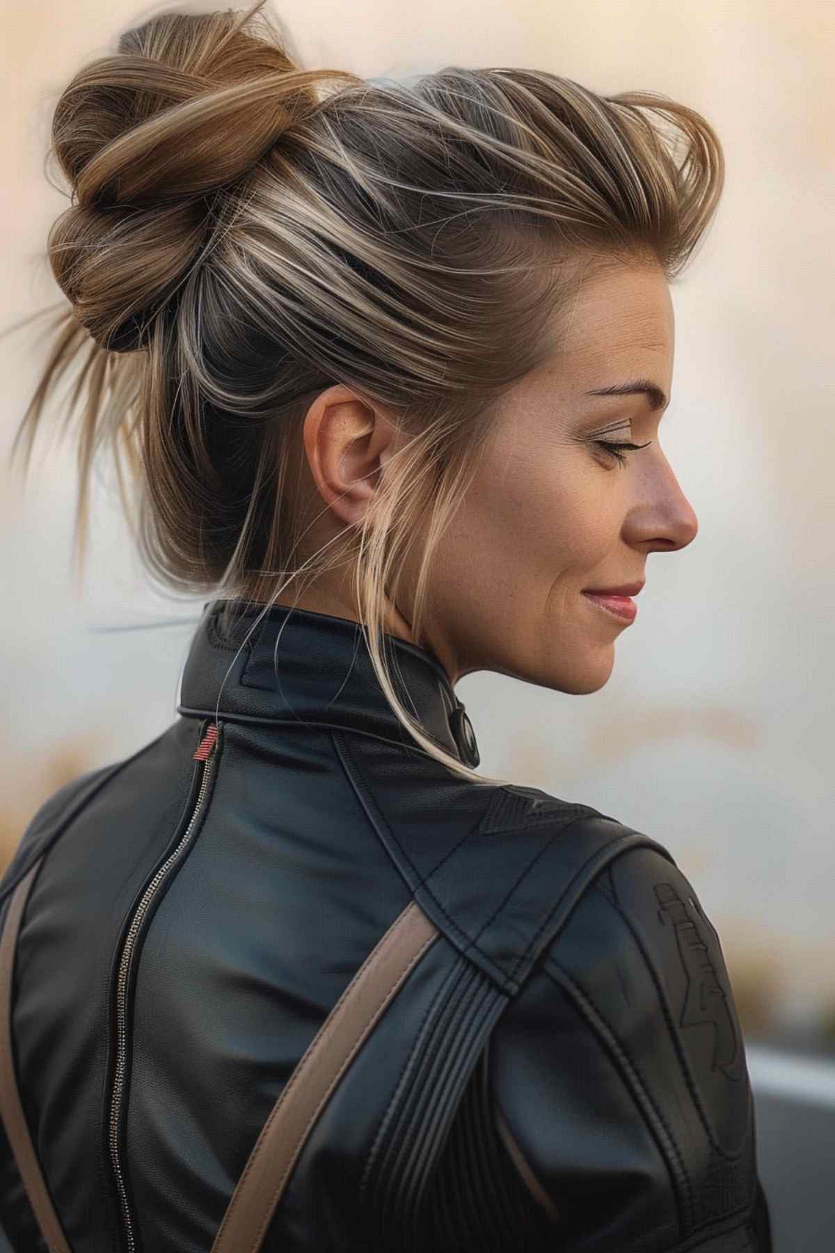 Woman with a messy updo in a biker jacket