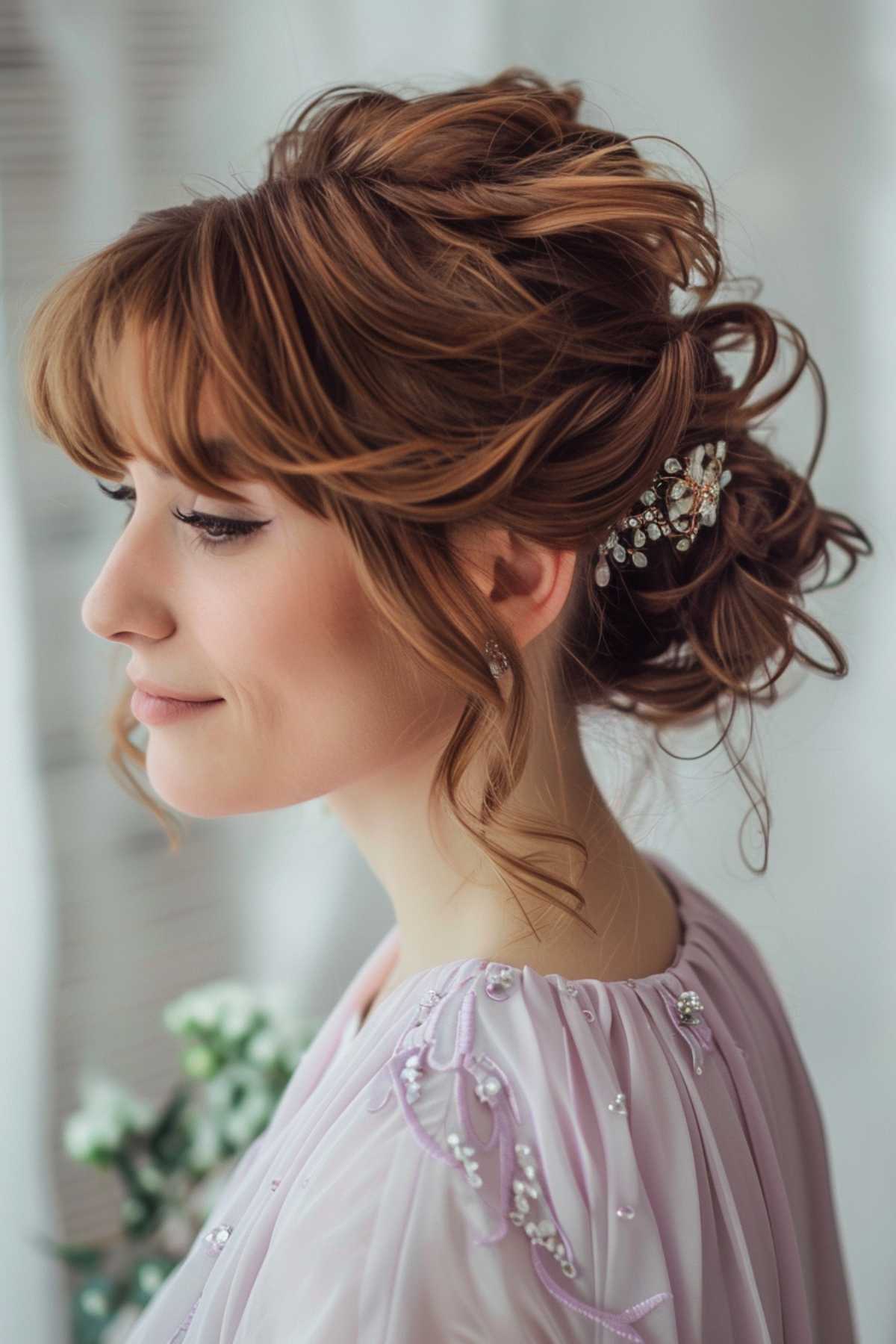 Messy updo with loose pieces and a hair accessory, ideal for a wedding