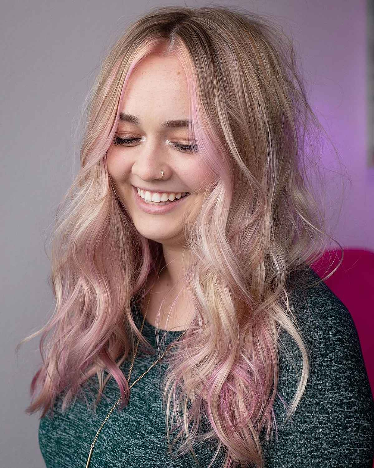 Messy Waves with Pastel Rose Money Pieces