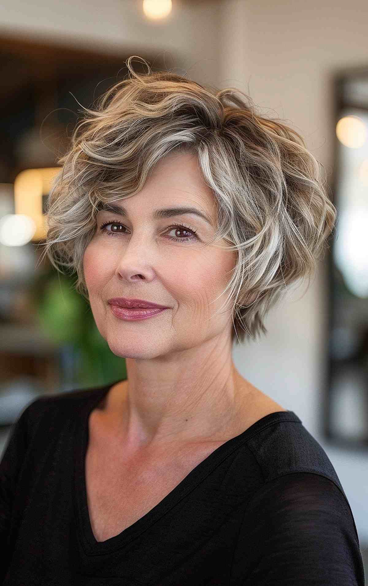 Messy wavy crop with layers for older women, enhancing natural texture and volume