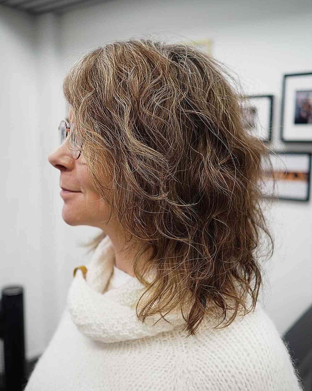 Messy Wavy Textured Cut for Older Women with Medium Hair