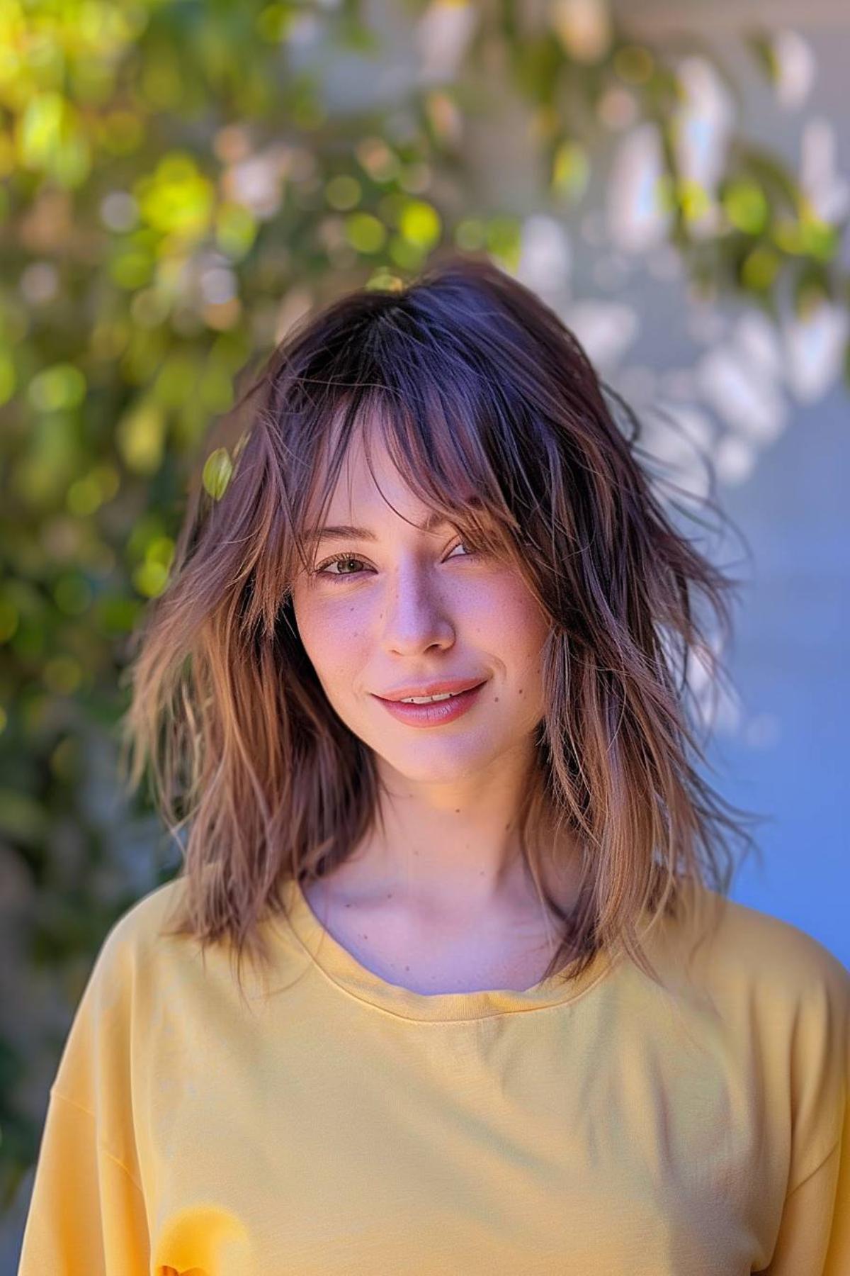 Portrait of a woman with a messy wolf cut on straighter hair, featuring textured layers and effortless styling.