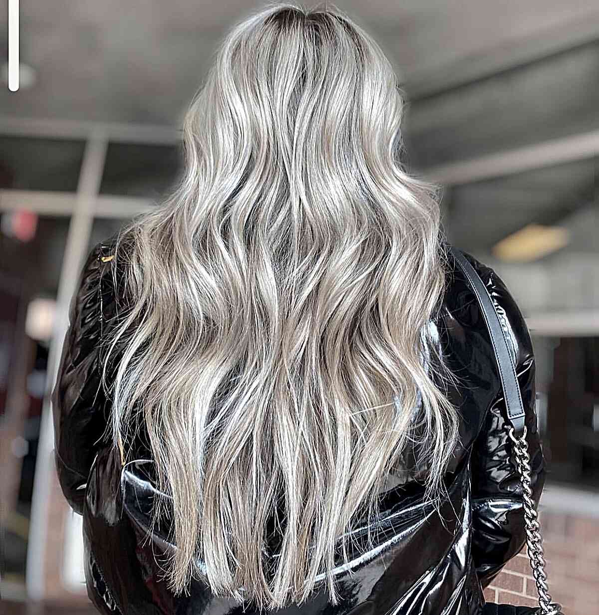Metallic Icy Silver Blonde Balayage for Long Layered Hair