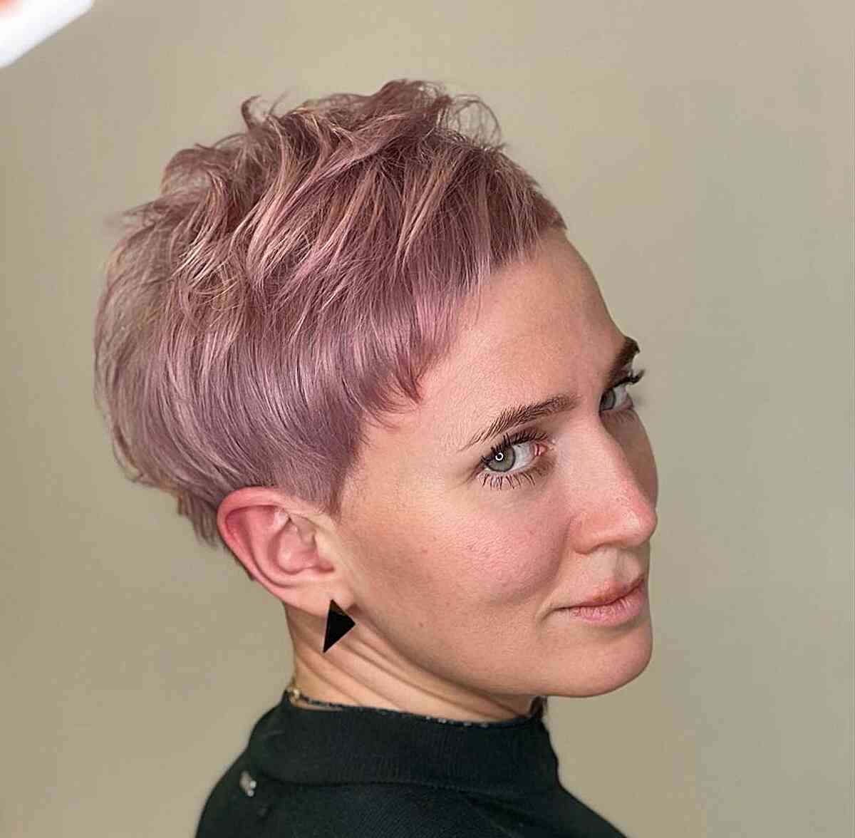 Metallic Pink Choppy Pixie Cut with very short fringe for women