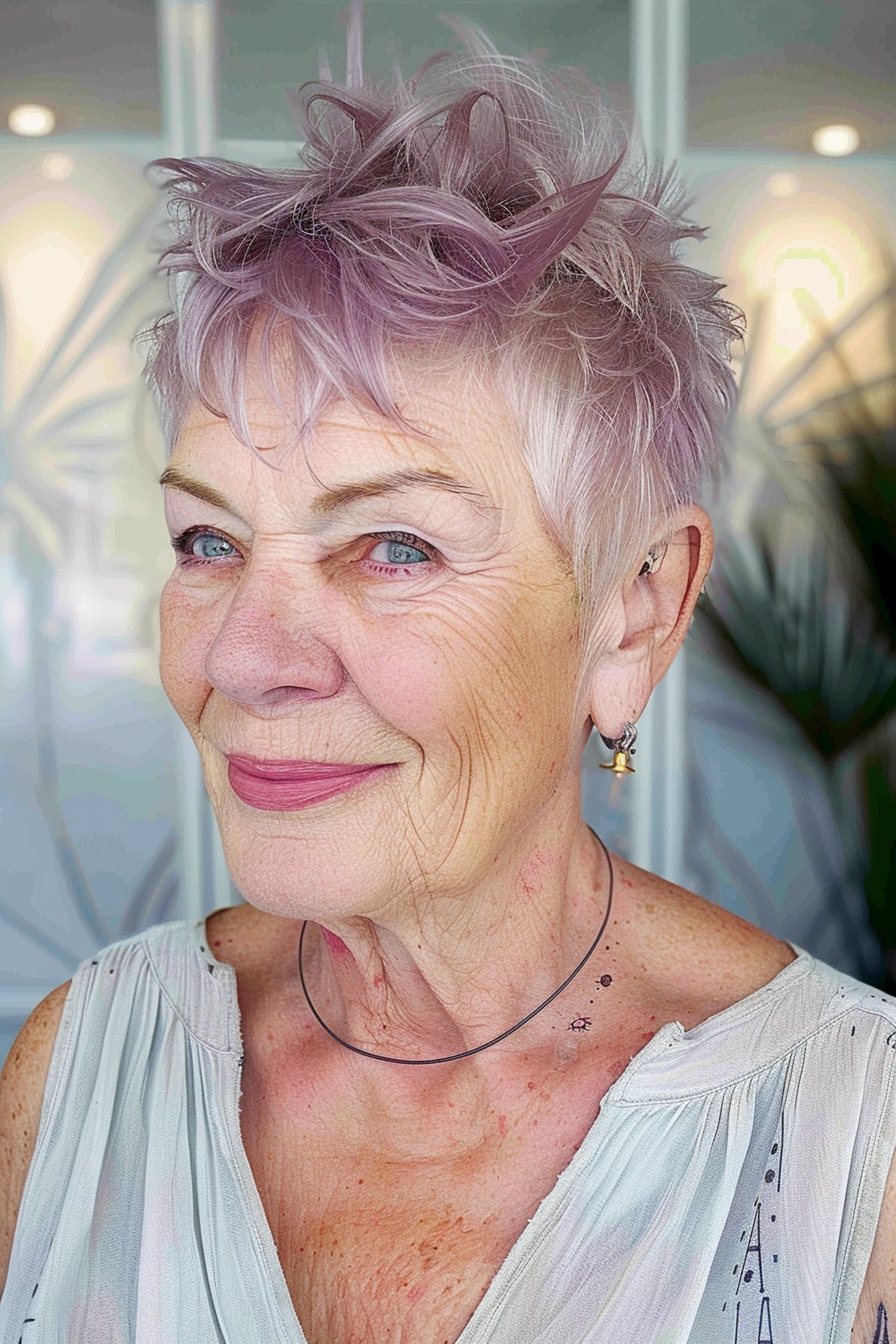 Metallic pink spiky pixie hairstyle for a woman in her 70s with fine hair