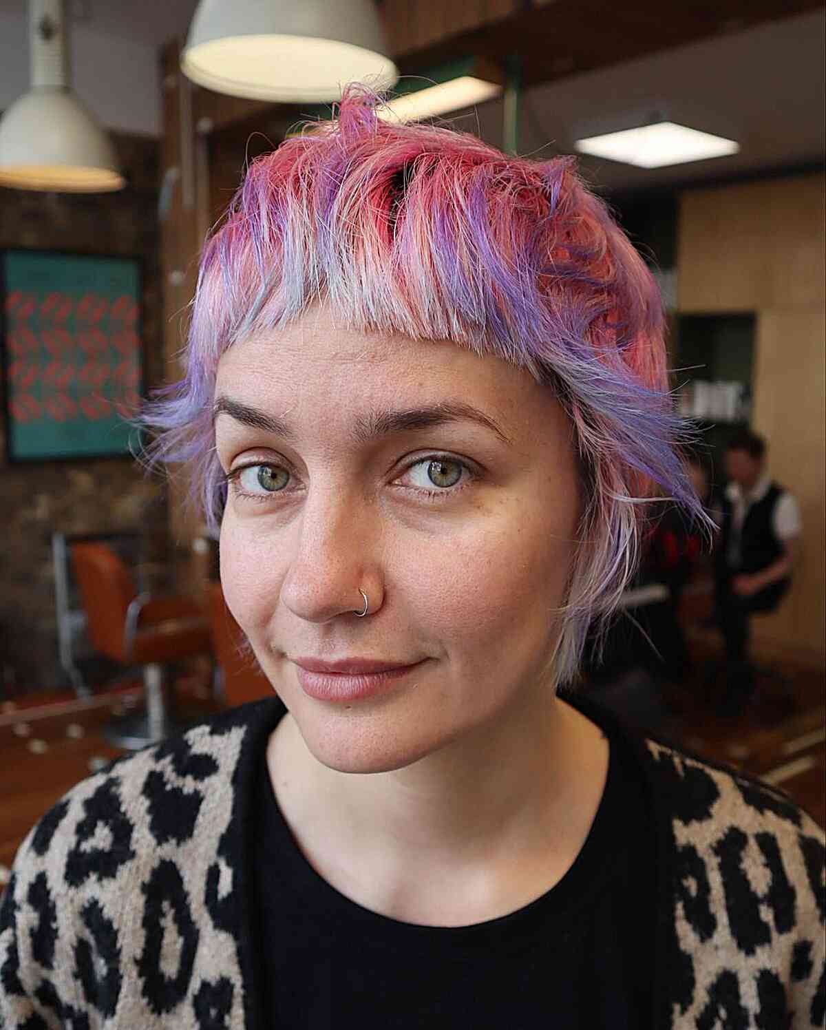 Micro Fringed Short Pink Purple Hair for edgy women in their 30s