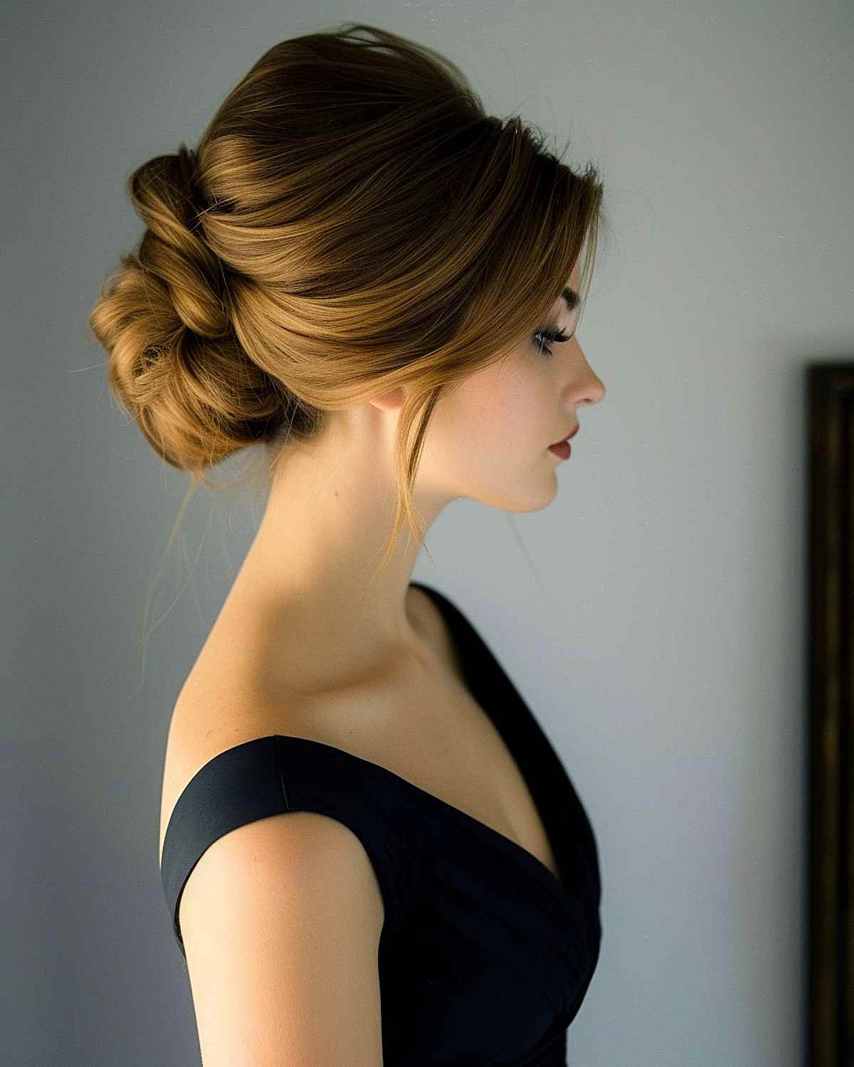 Mid-30s woman with a classic French twist updo and a contemporary flair