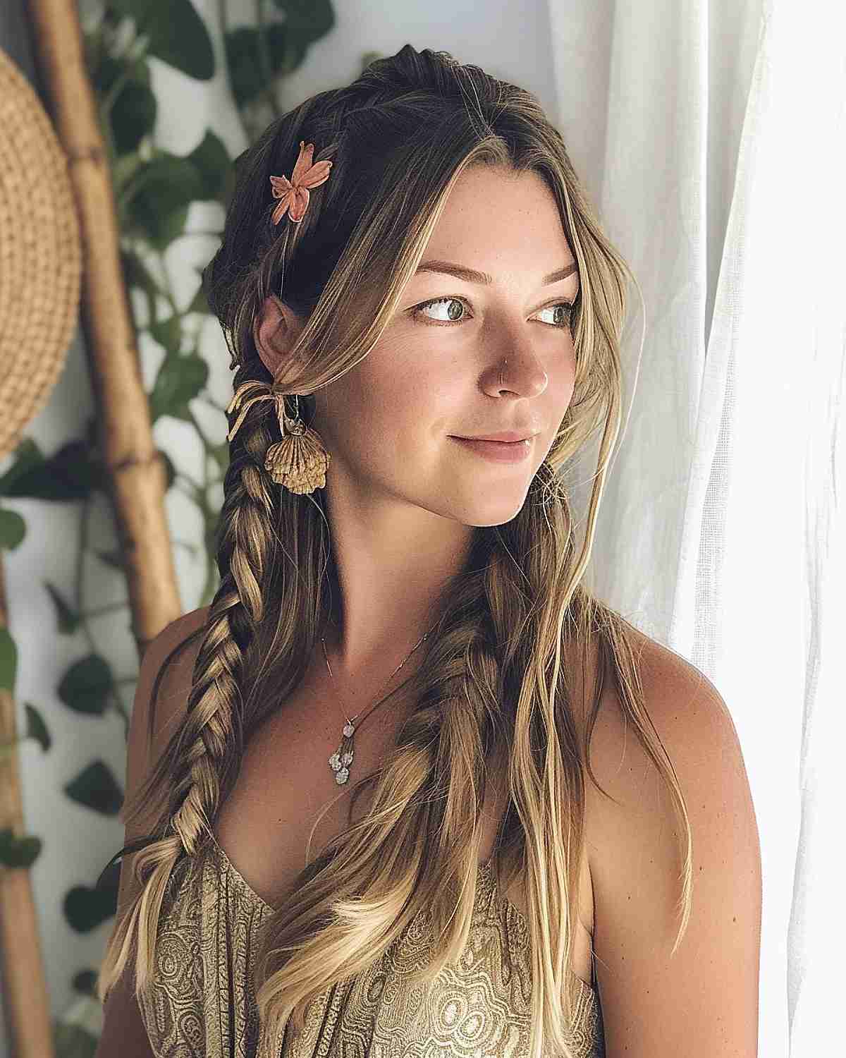 Mid-30s woman with boho-inspired fishtail braids and a floral hair accessory