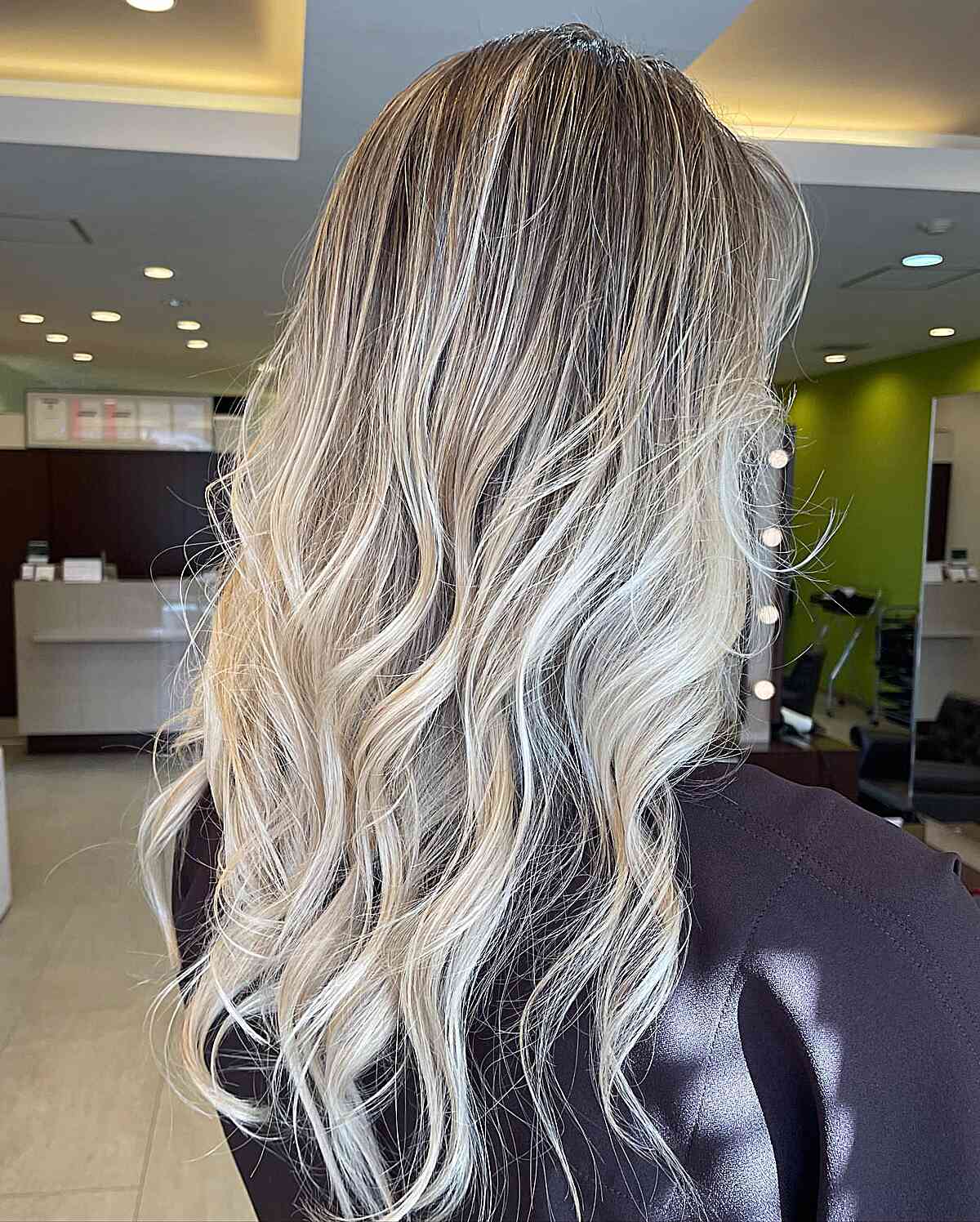 Mid Back Icy Blonde Balayage Hair with Root Melt