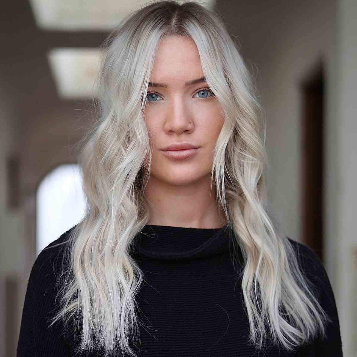 Mid Back-Length Platinum Blonde Hair with a Shadow Root for Round Faces