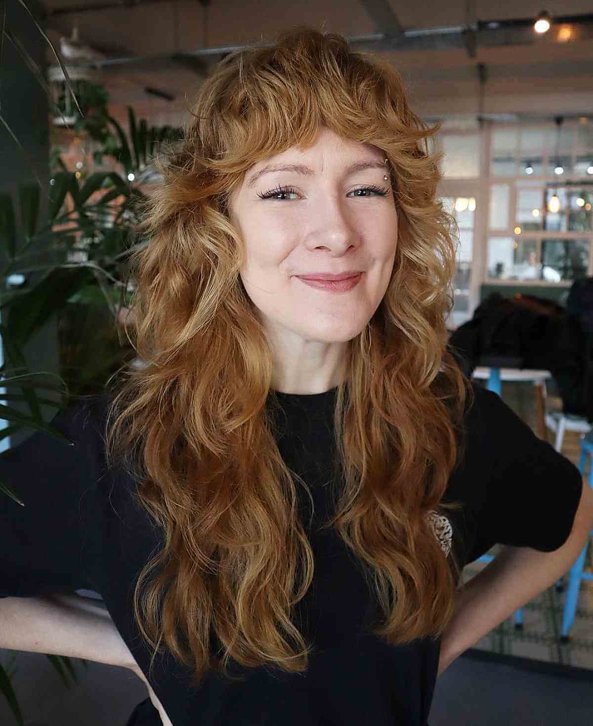 Mid-Back Shag with Feathered Layers and Bangs for Curly Hair