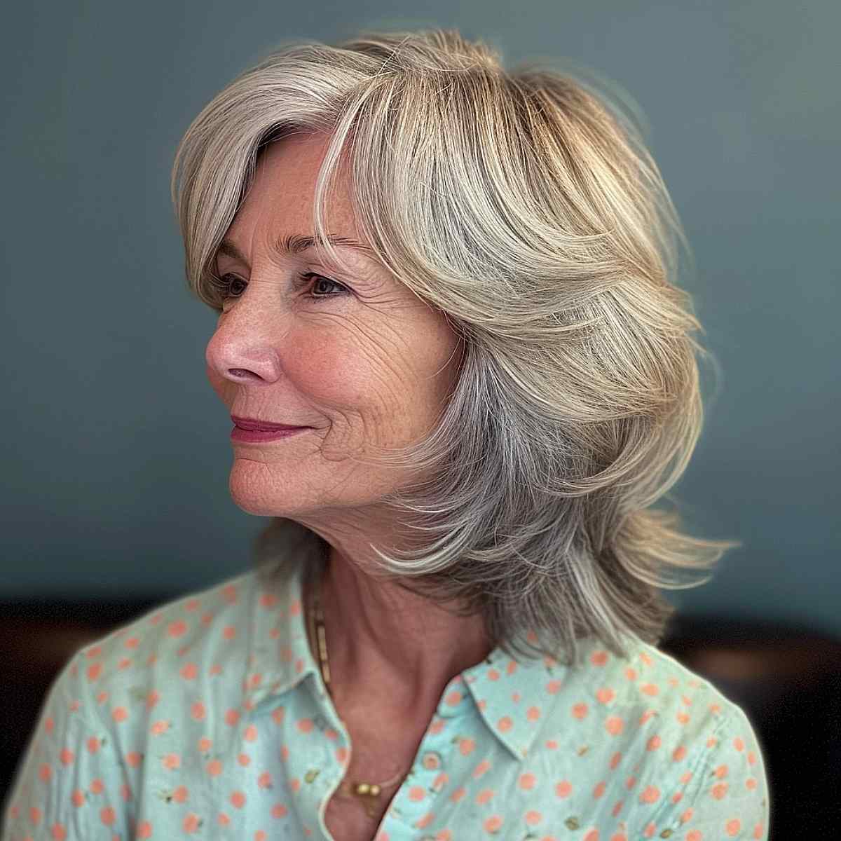 Mid-length bob with feathered layers for older women