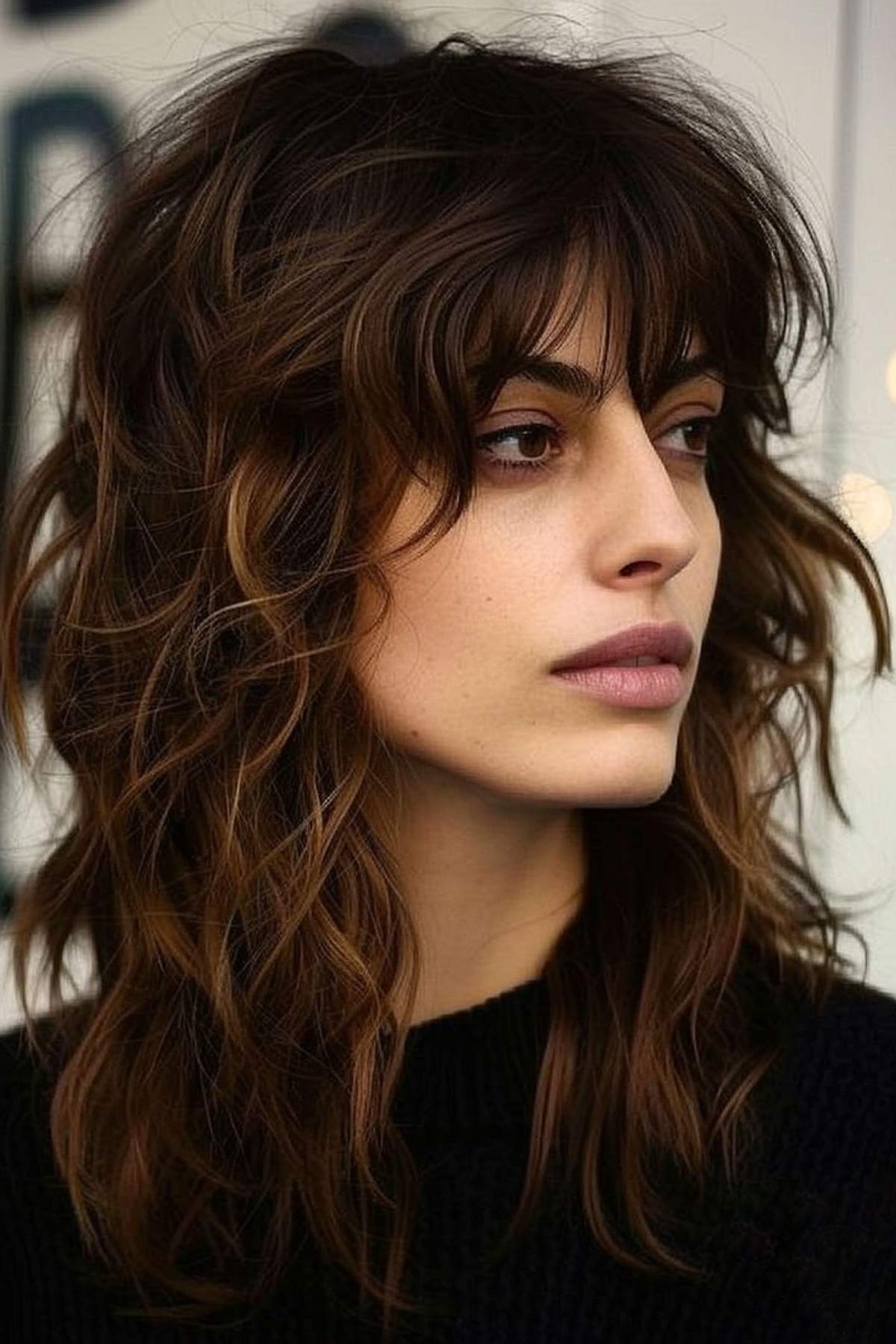 Mid-Length Brunette Shag Hairstyle with Feathered Fringe and Waves
