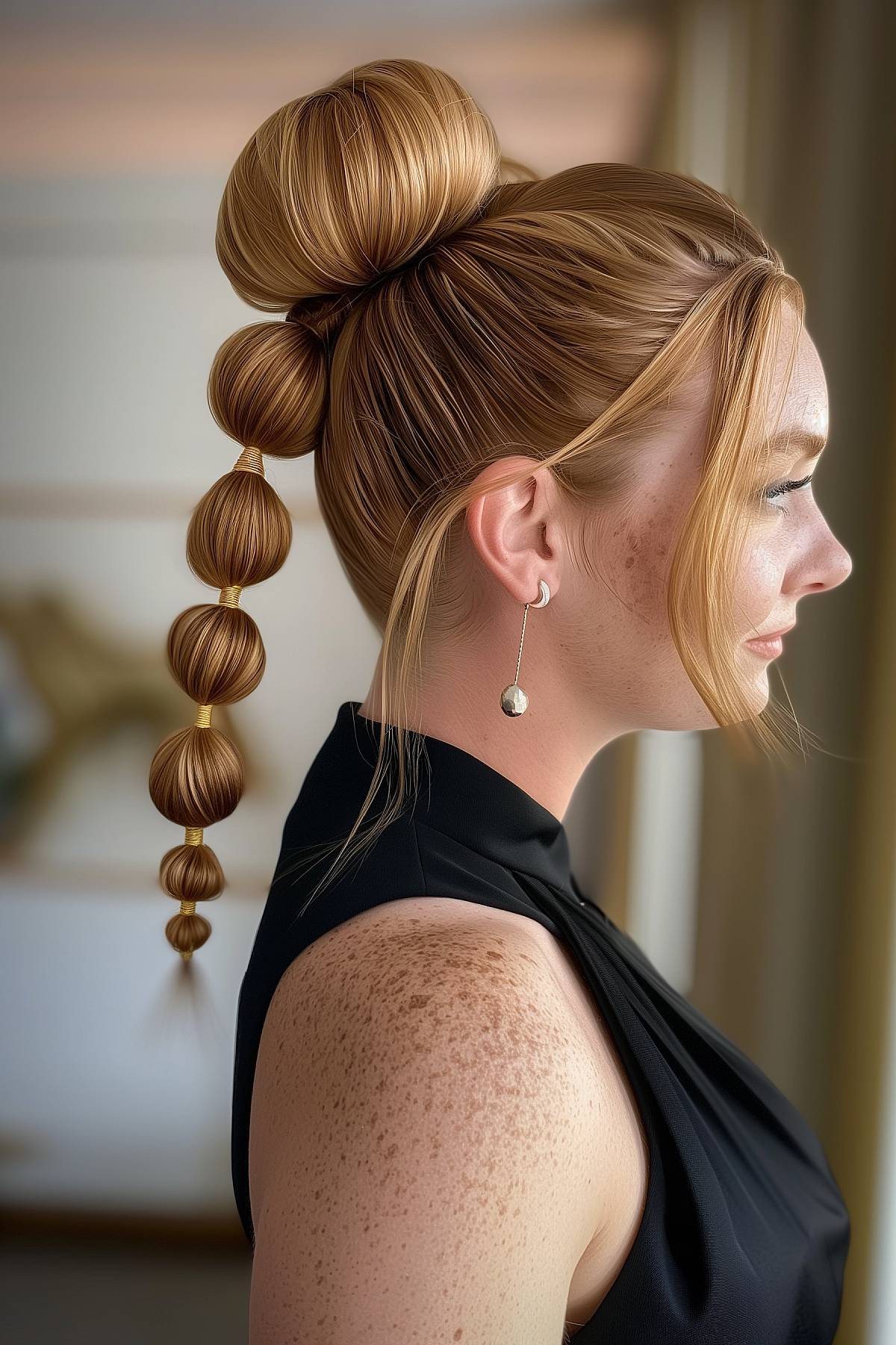 Elegantly crafted mid-length bubble braid, versatile for both casual and formal looks, ideal for maintaining a polished style.