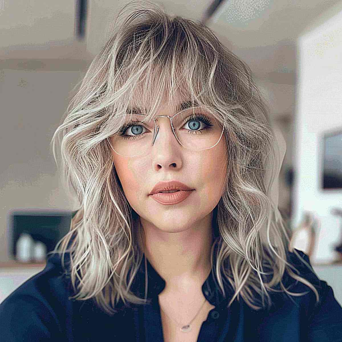 bright salt-and-pepper choppy layers with wispy bangs