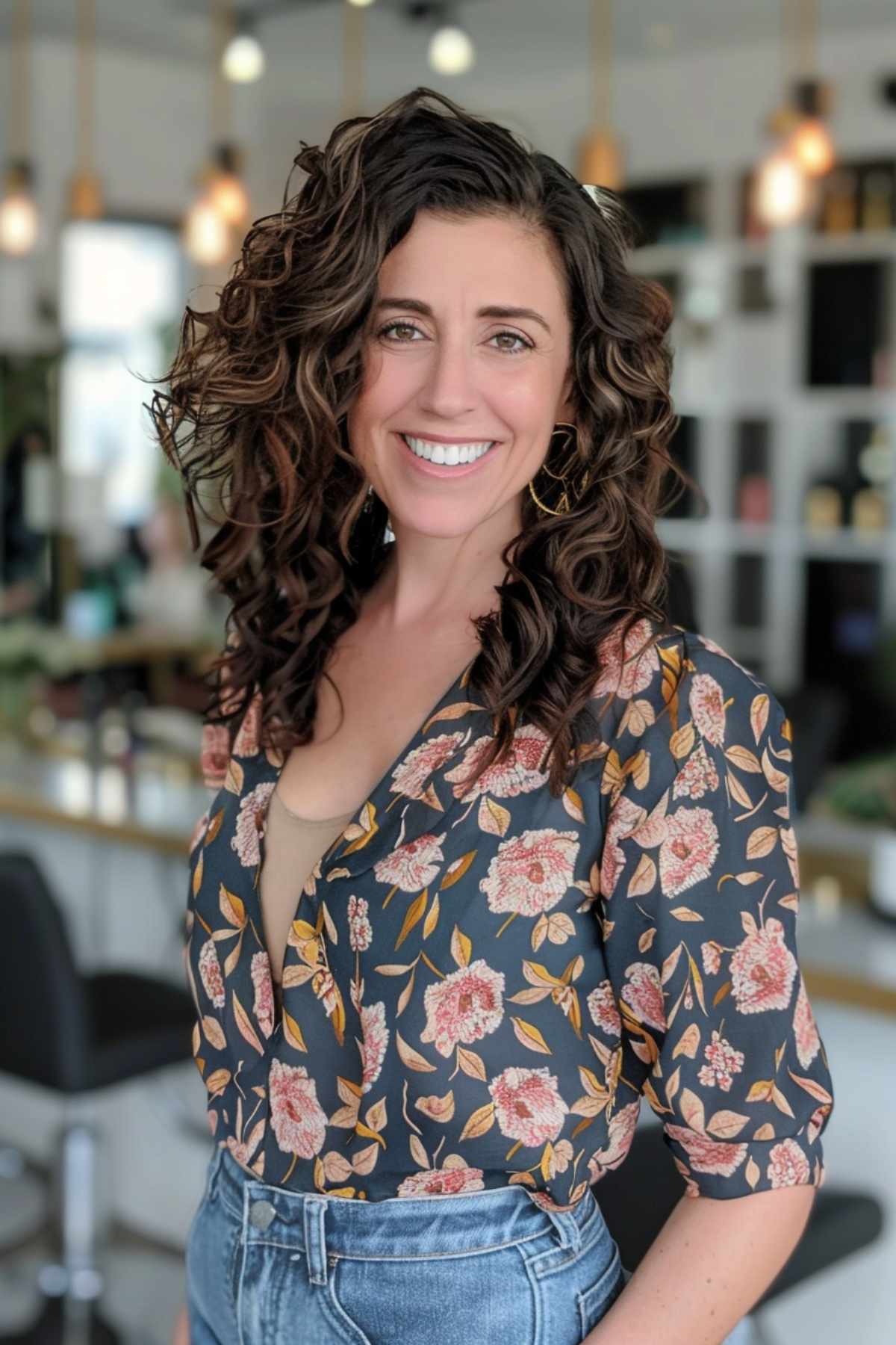 Woman with mid-length coily hair and soft highlights