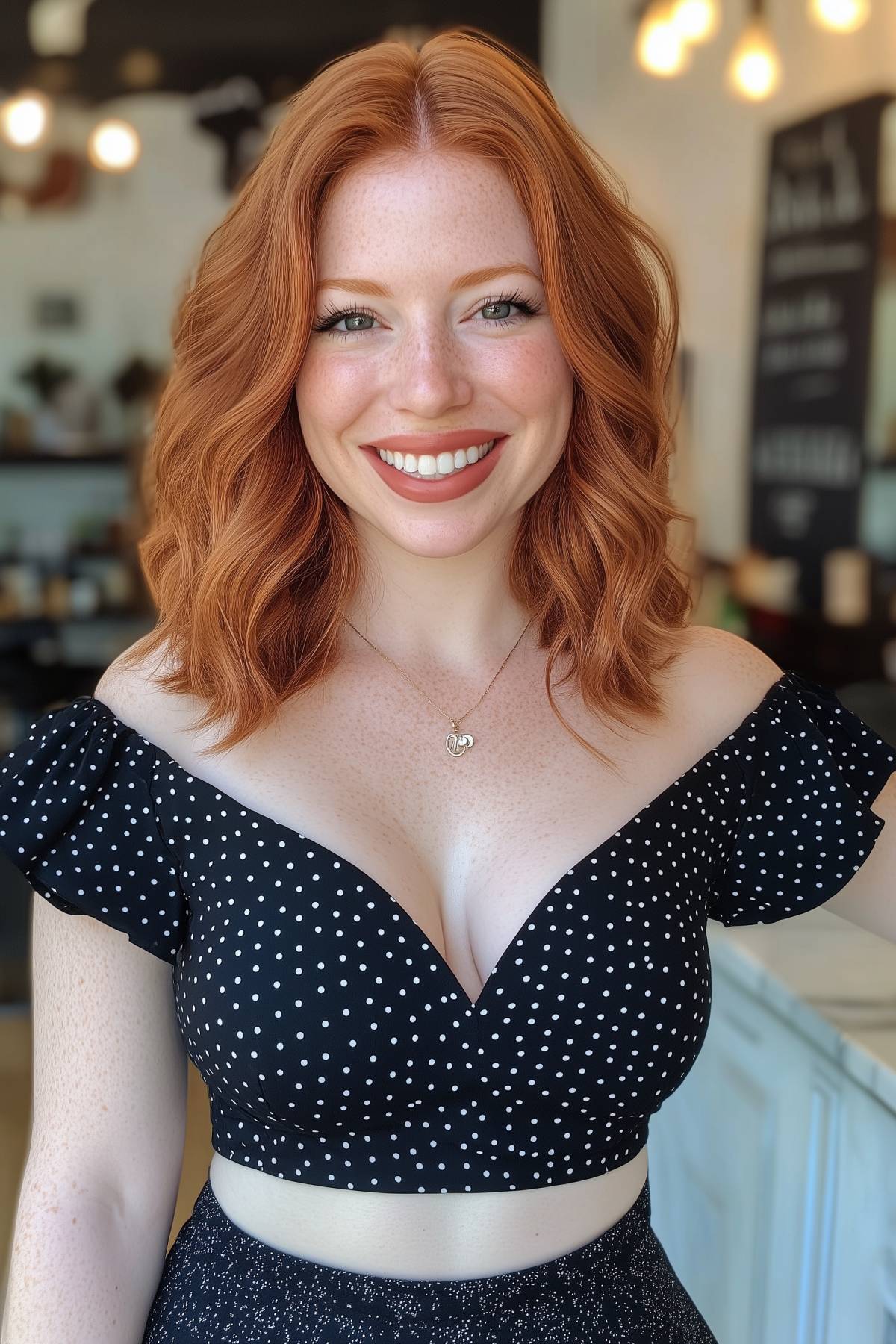 Mid-length copper wavy hair with center part on a smiling woman