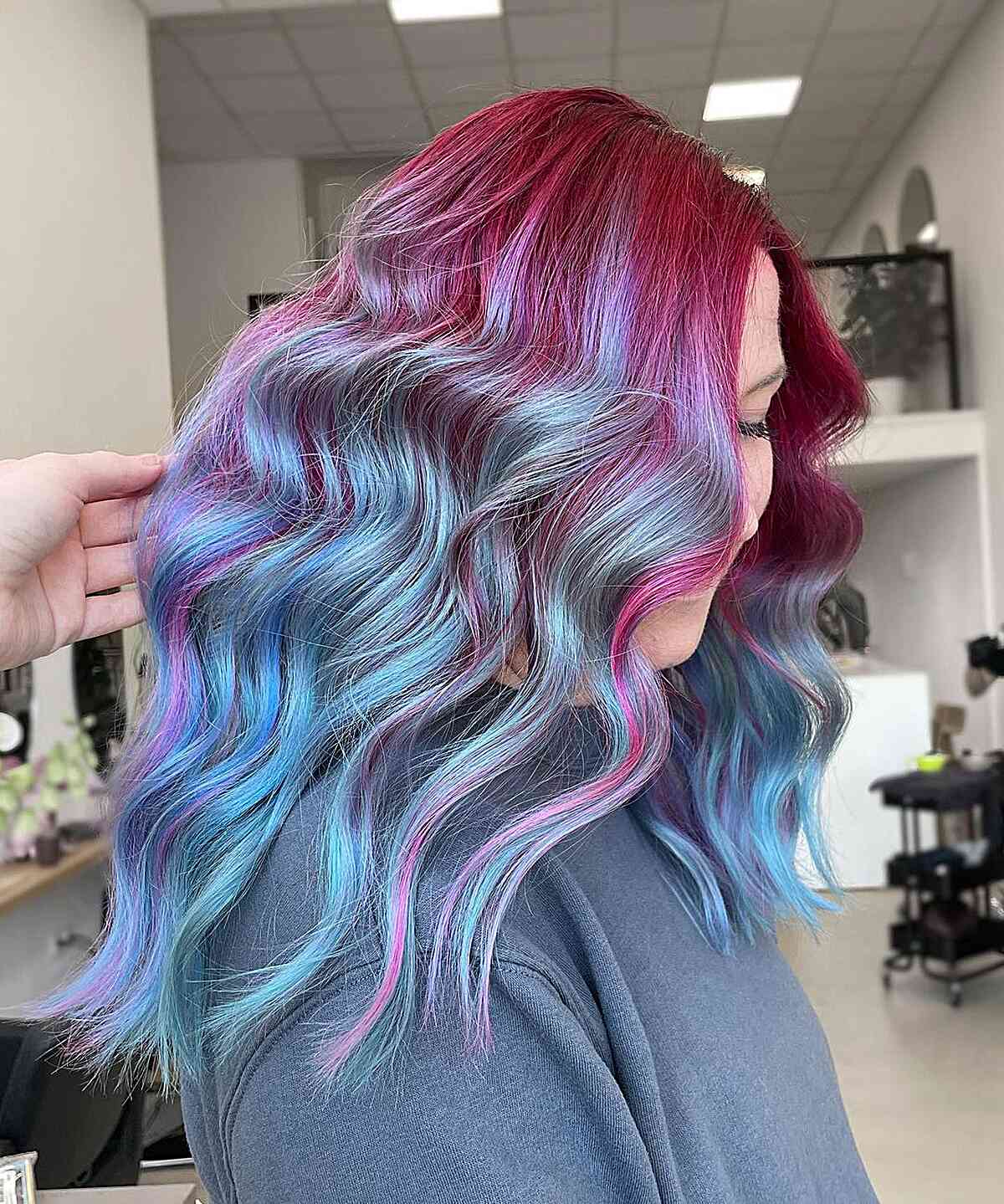 Mid-Length Cotton Candy Blue Hair with Dark Pink Roots