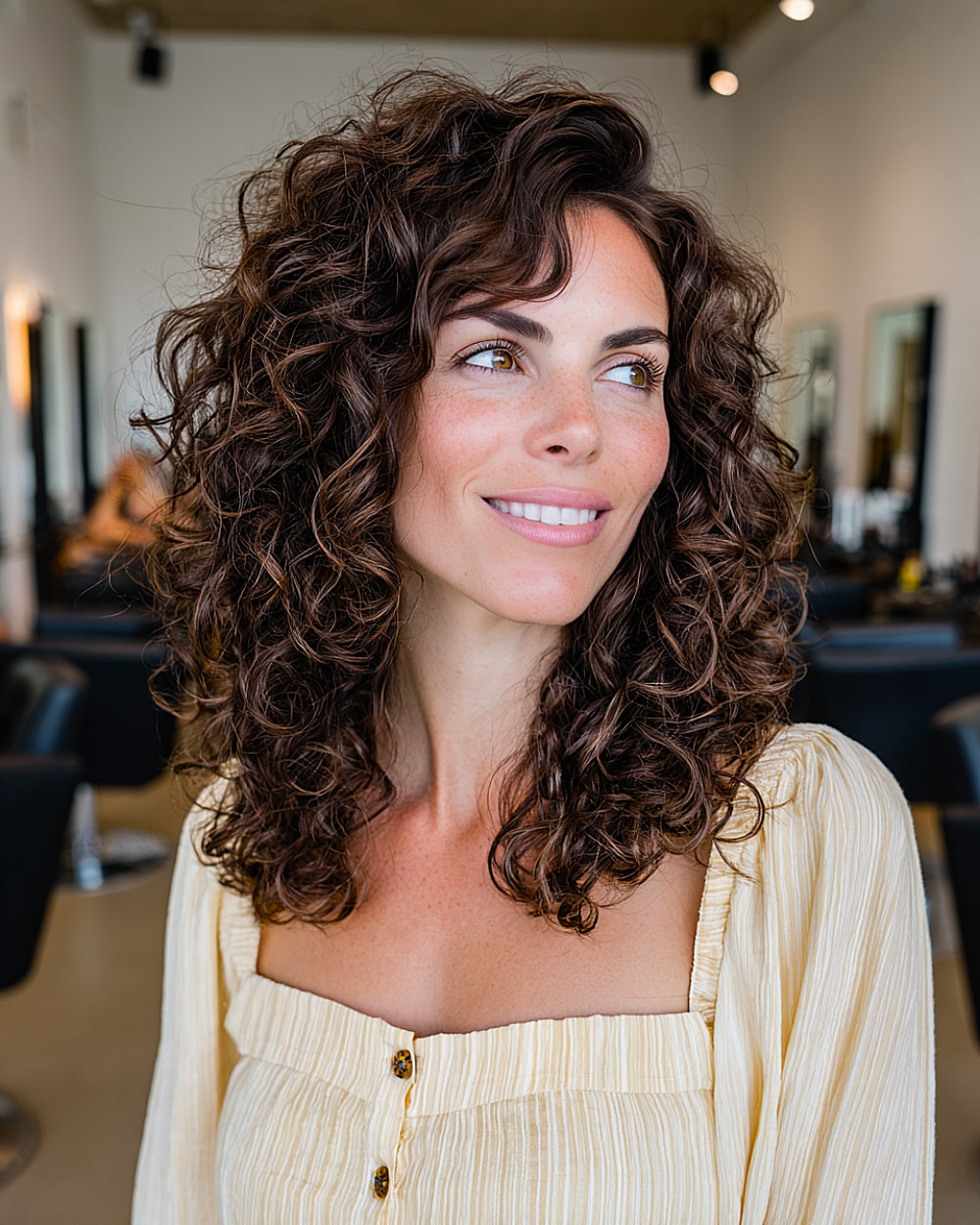 Mid length curly hairstyle with side swept bangs and layered cut