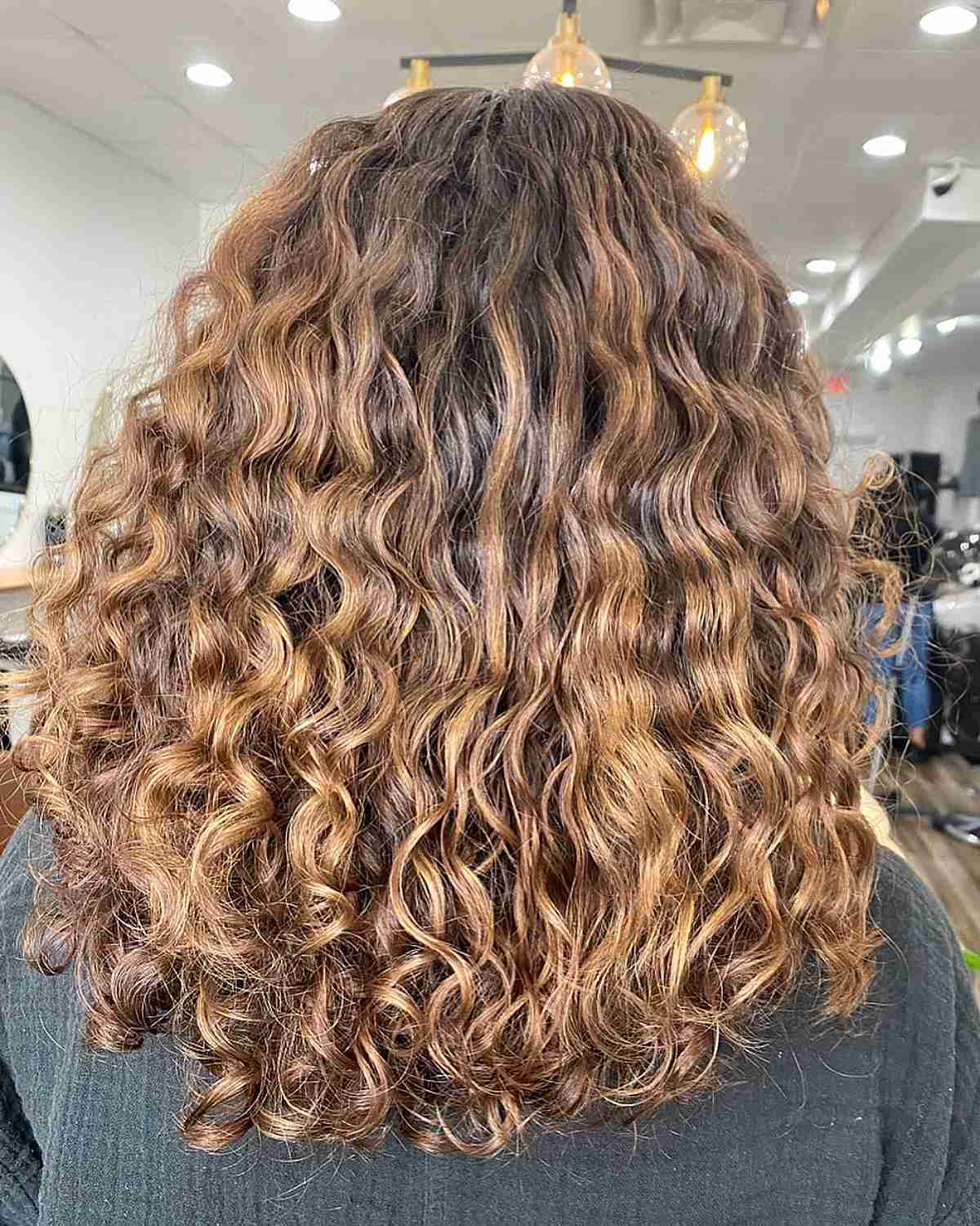 Mid-Length Curls with Ginger Brown Balayage Ombre