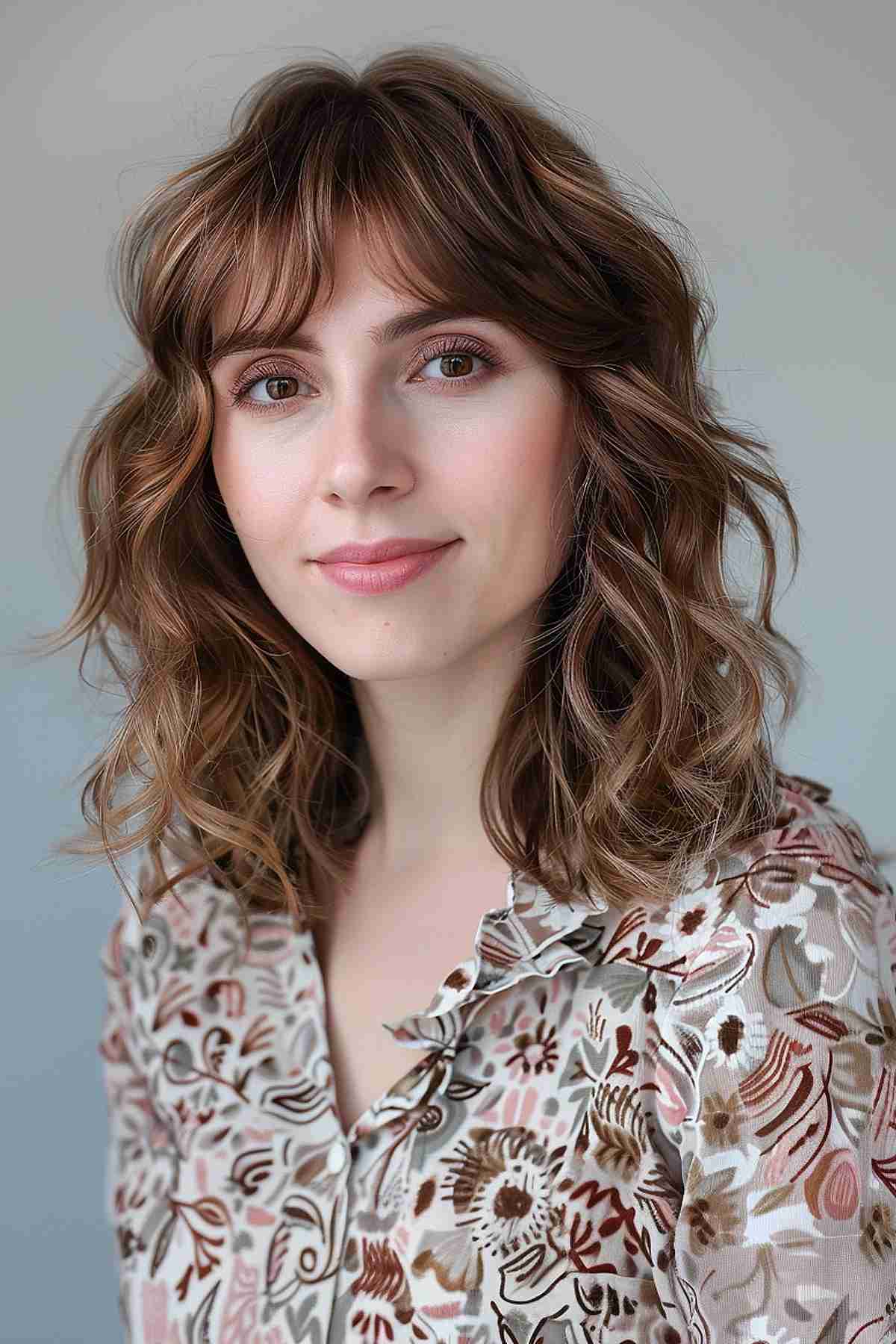 Woman with mid-length hair styled in soft waves with wispy bangs, achieved through a perm