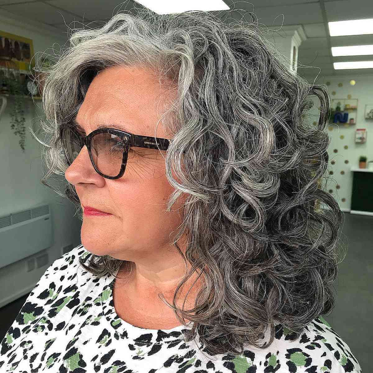 Mid-Length Gray Curls for 60-Year-Olds with Glasses