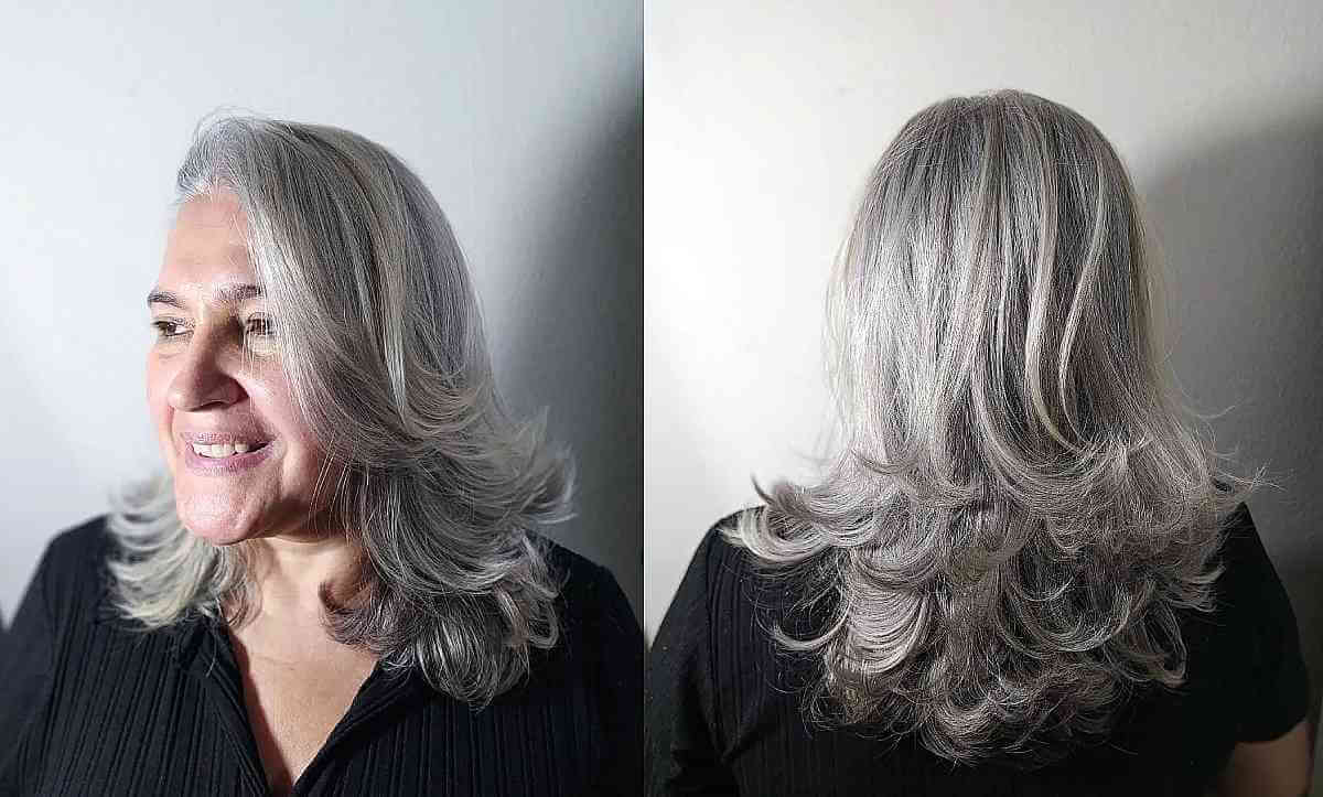Mid-Length Grey Feathered Ends for Women Over Fifty