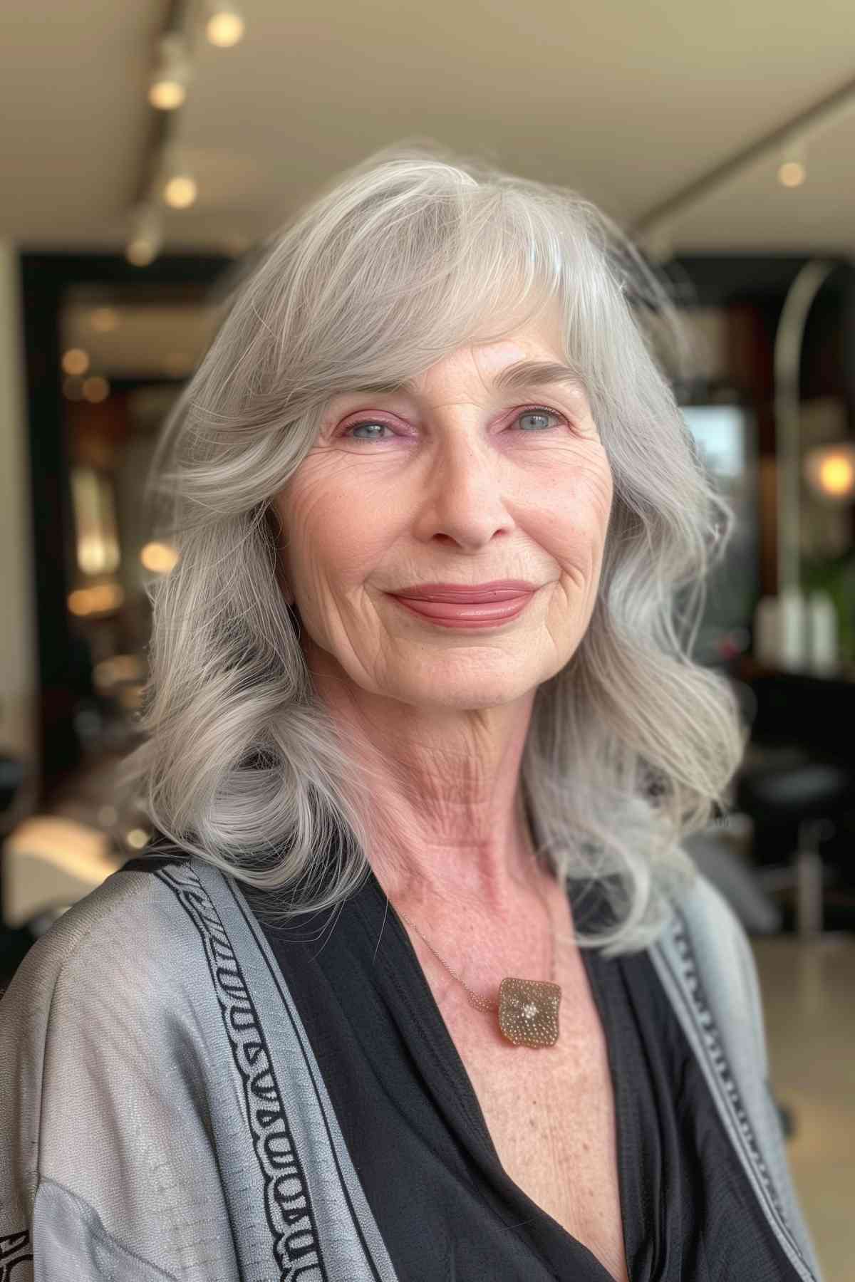 Older woman with mid-length hair and feathered bangs