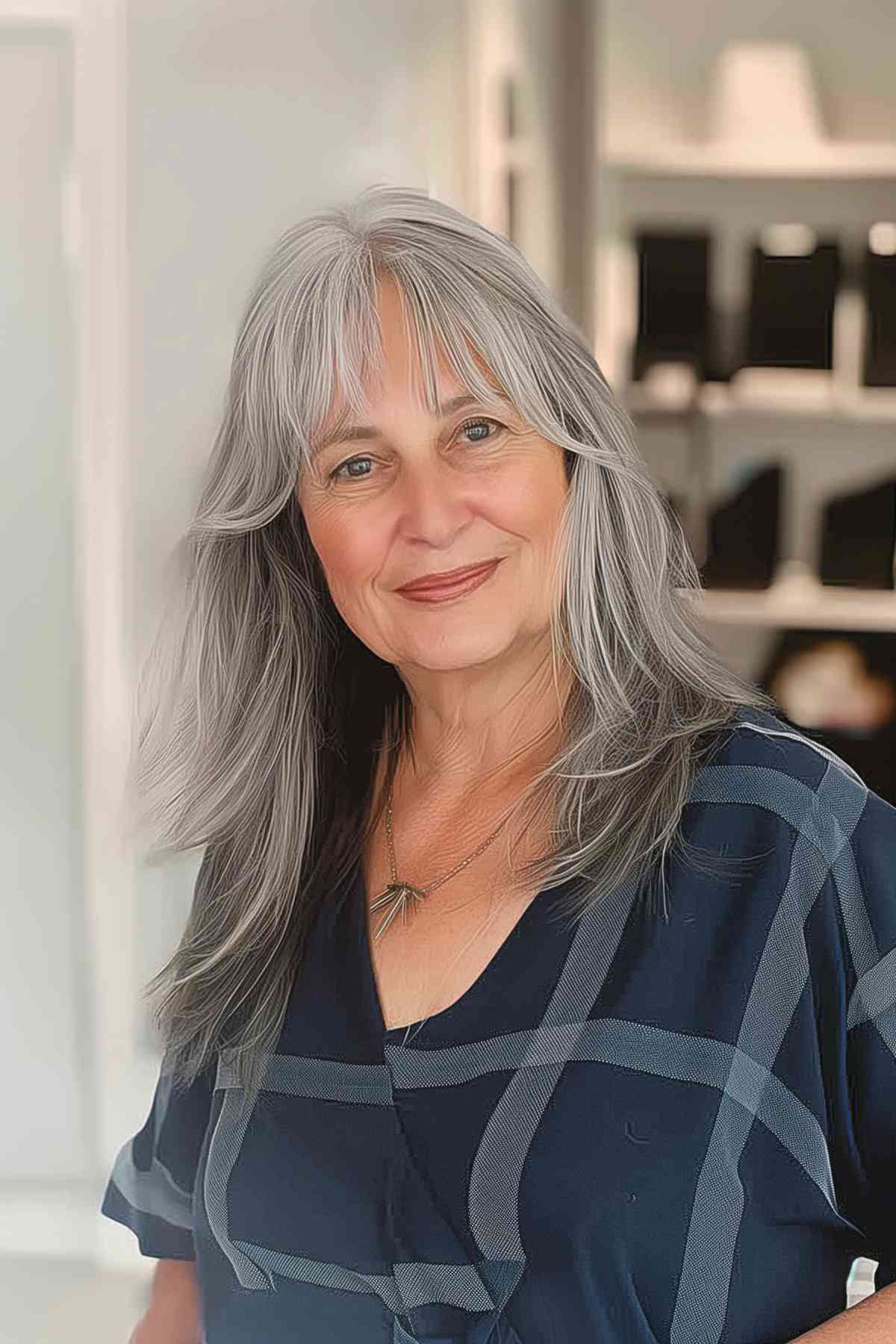 Mature woman with mid-length gray hair styled with side-swept bangs, wearing a plaid blue dress.