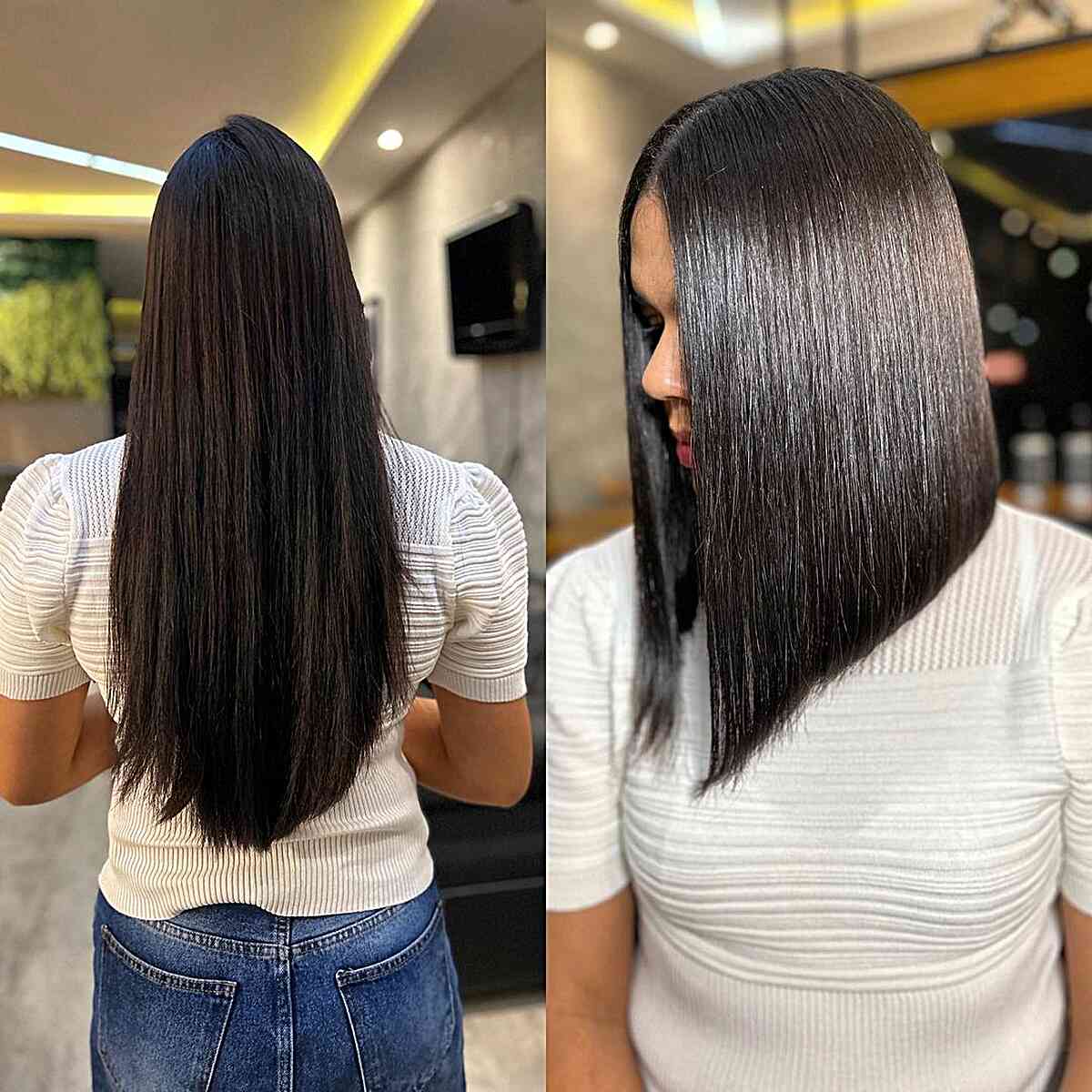 Mid-Length Inverted Bob Cut with no layers and a middle part