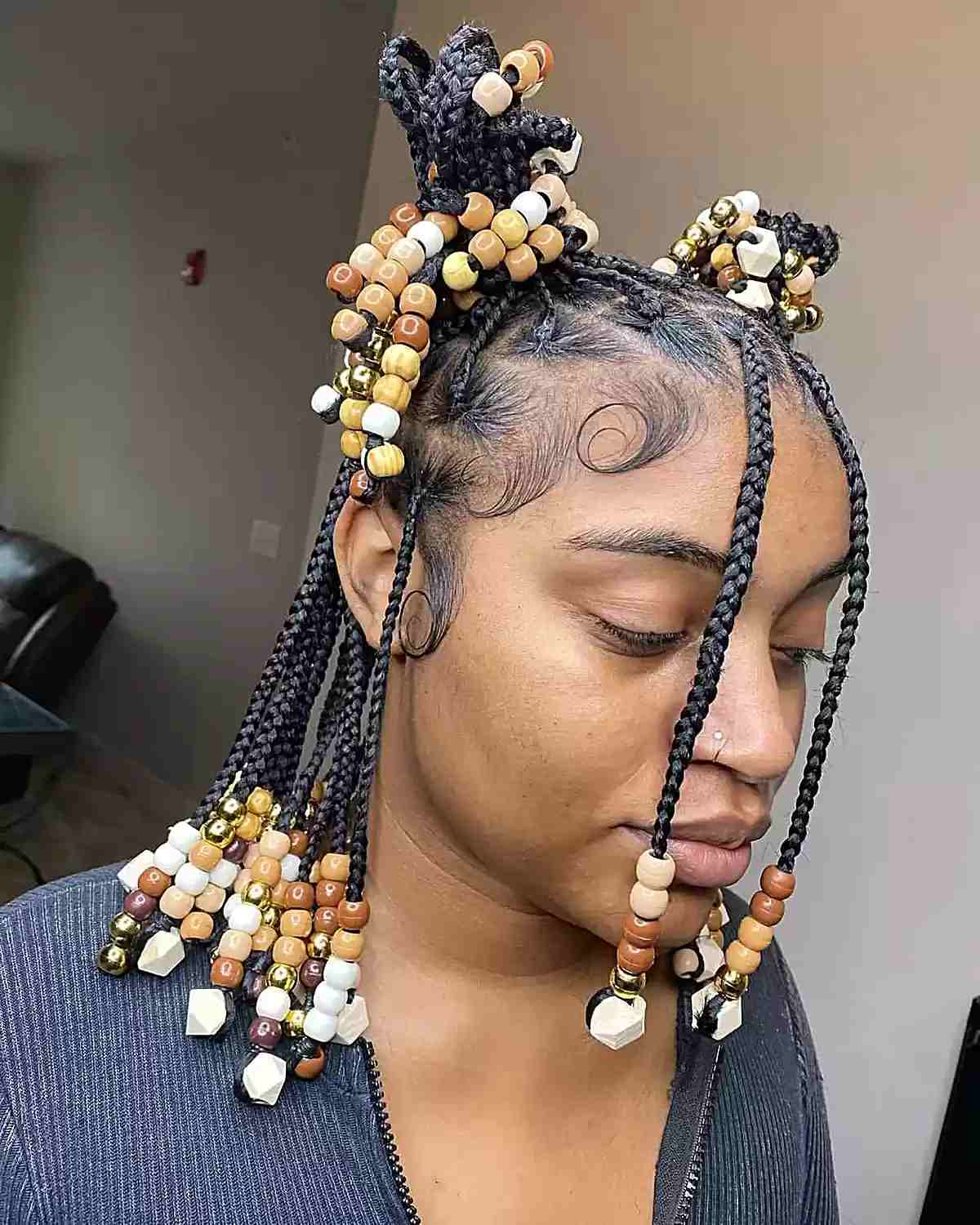 Mid-Length Knotless Box Braided Style with Beads and Half Buns